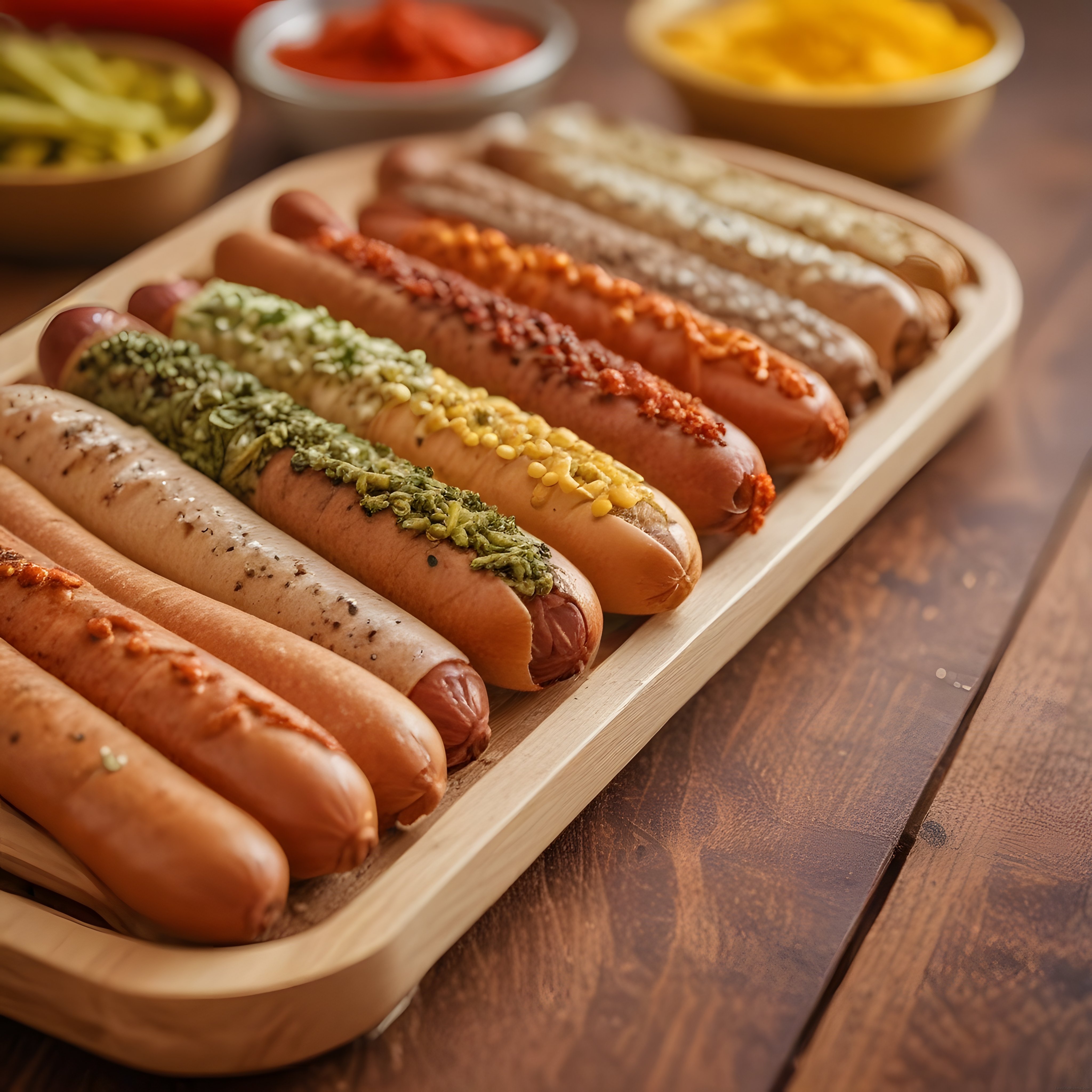 ahşap tepside çeşitli soslarla süslenmiş sisis ve hot dog sunumu