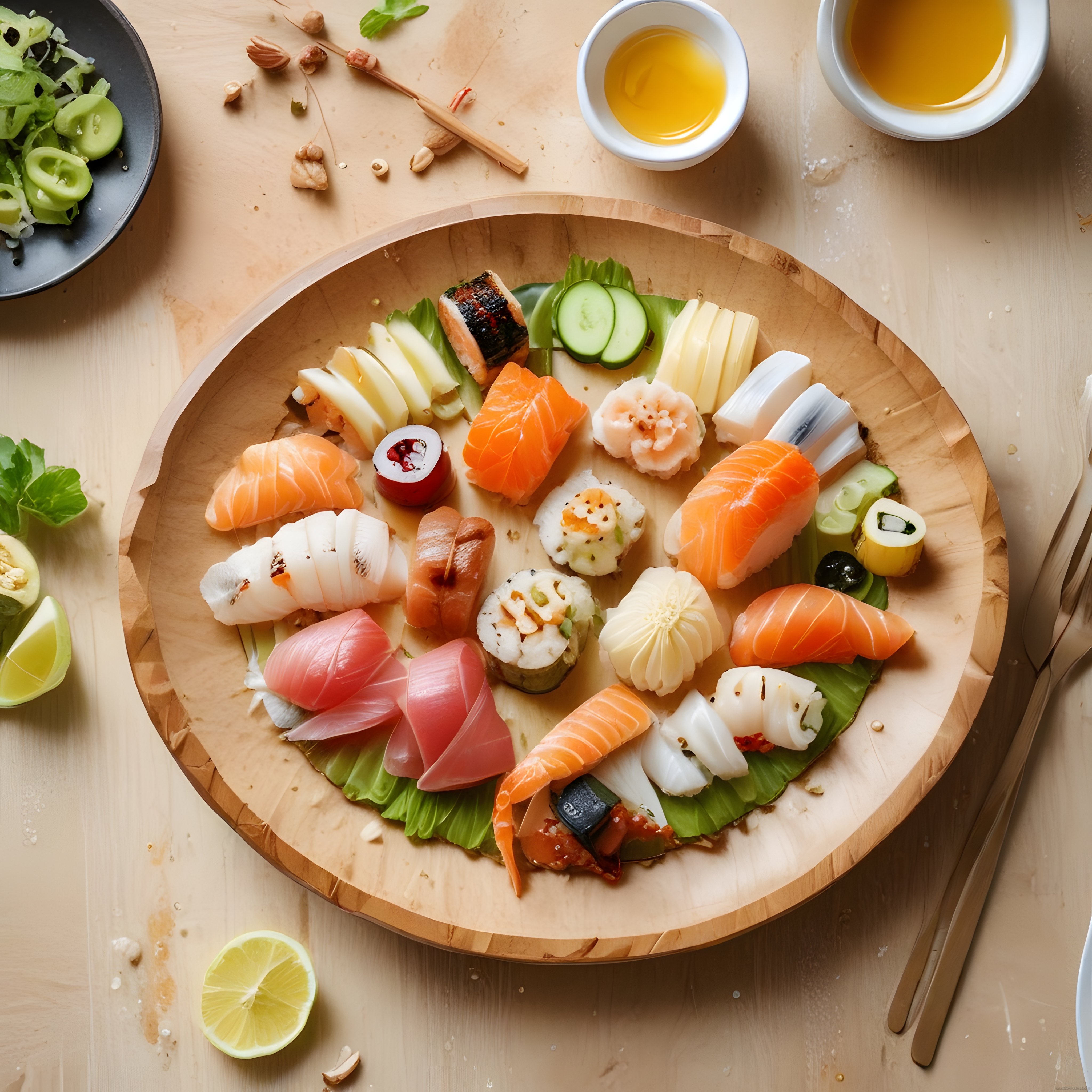 Ahşap Tepside Çeşitli Sushi Nigiri ve Maki: Somon, Ton Balığı, Avokado Sunumu