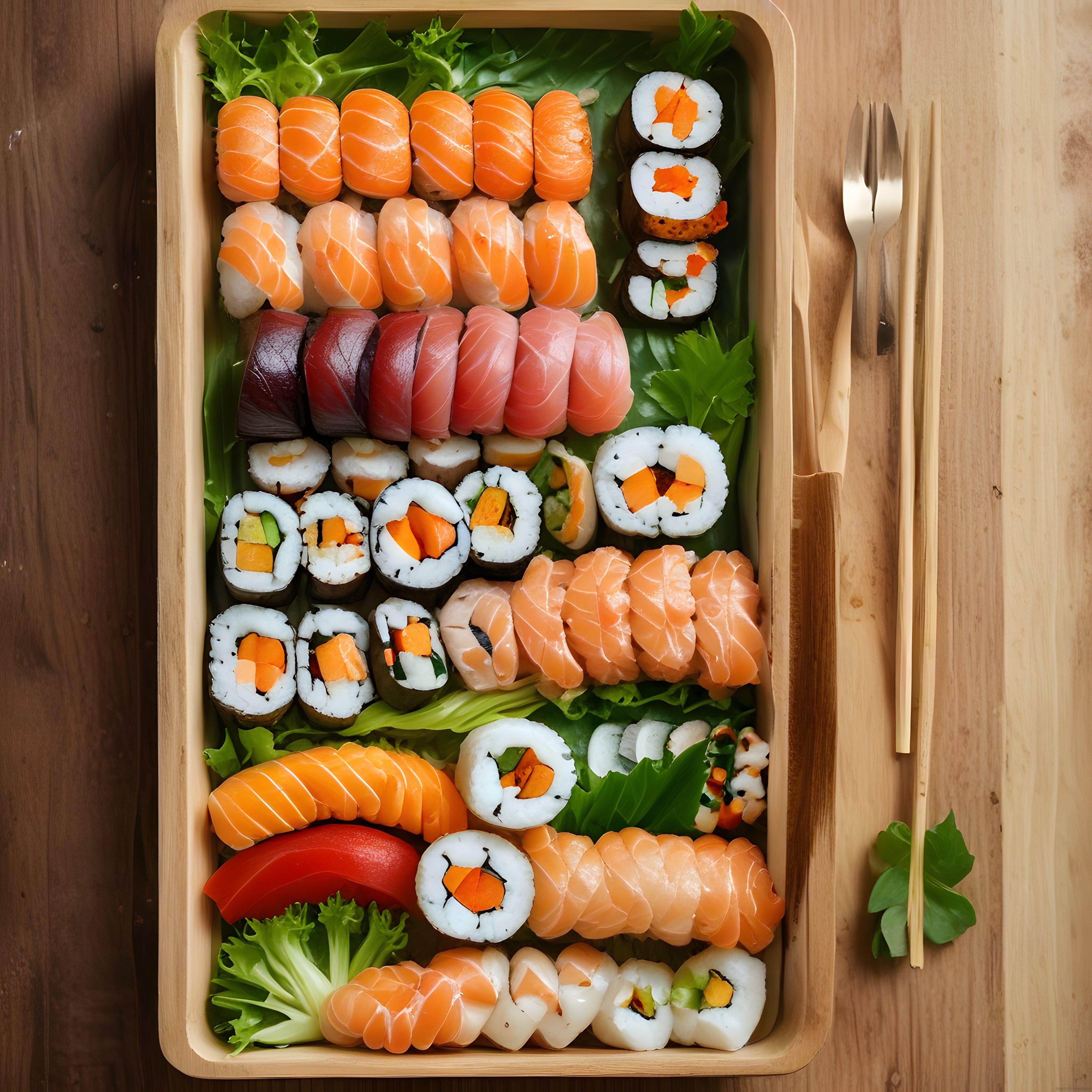 Ahşap tepside çeşitli sushi nigiri ve makiler eşsiz japon lezzetleri
