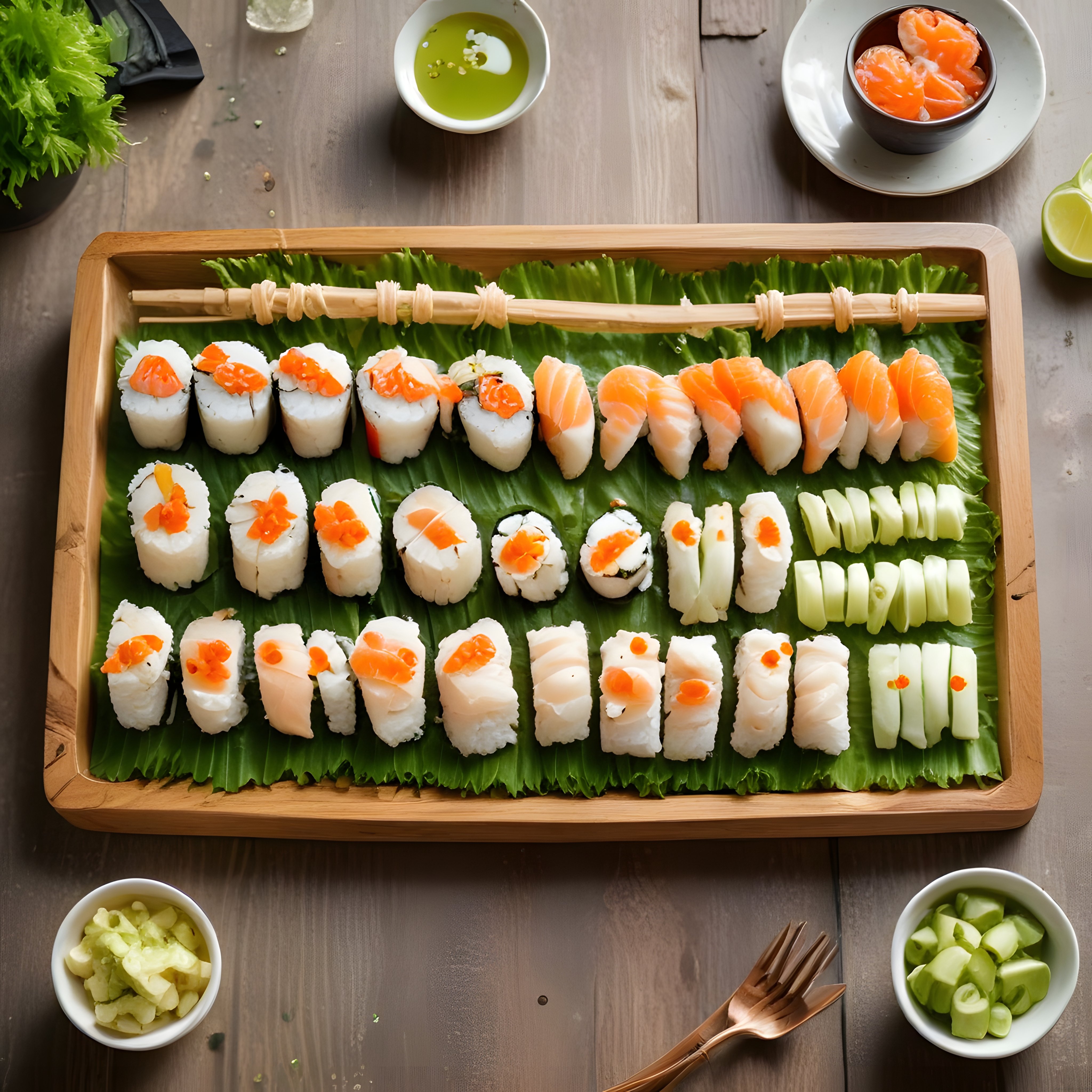 ahşap tepside çeşitli sushi ve maki çeşitleri ile japon mutfağı sunumu