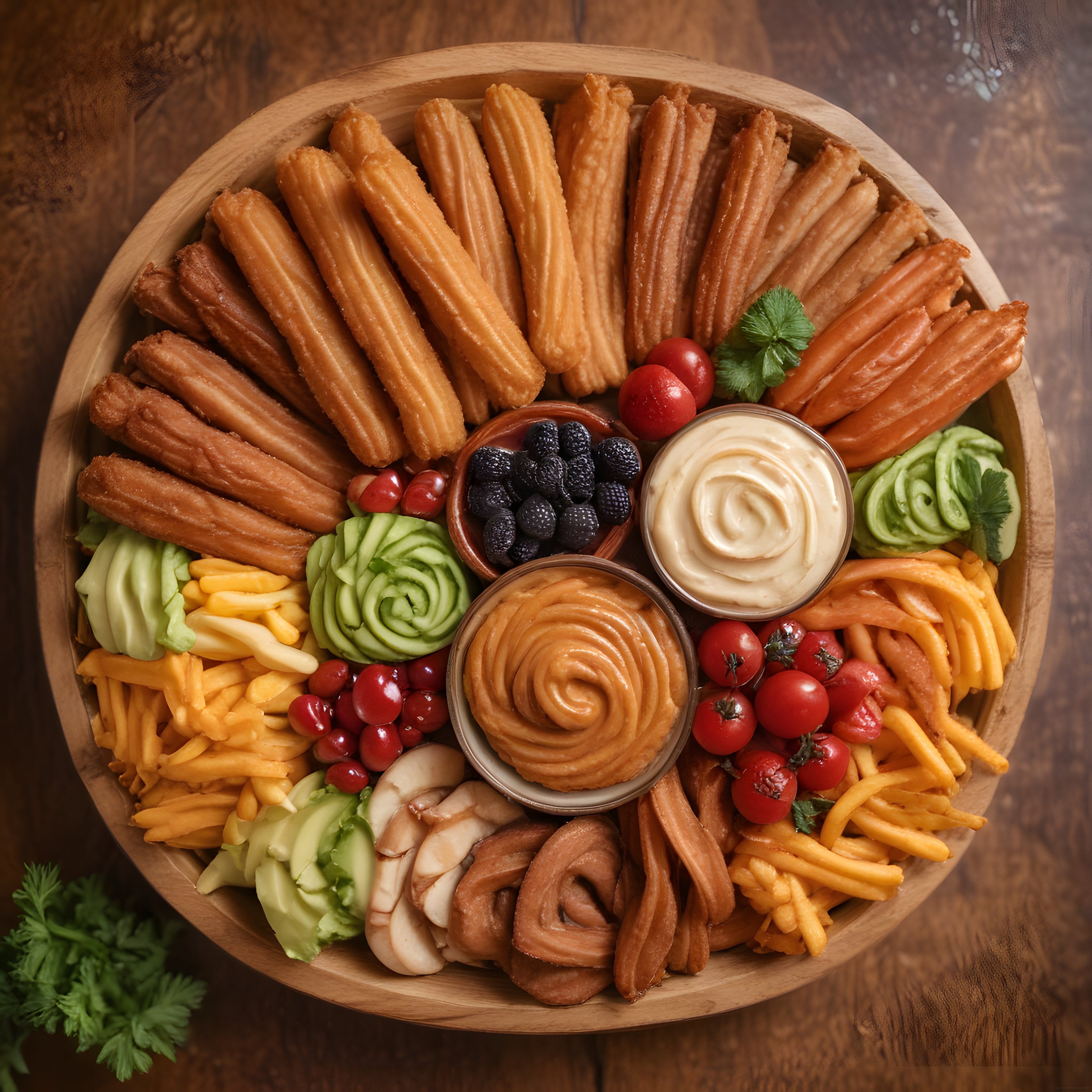 ahşap tepside churros ve taze meyvelerle hazırlanan şık atıştırmalık tabağı