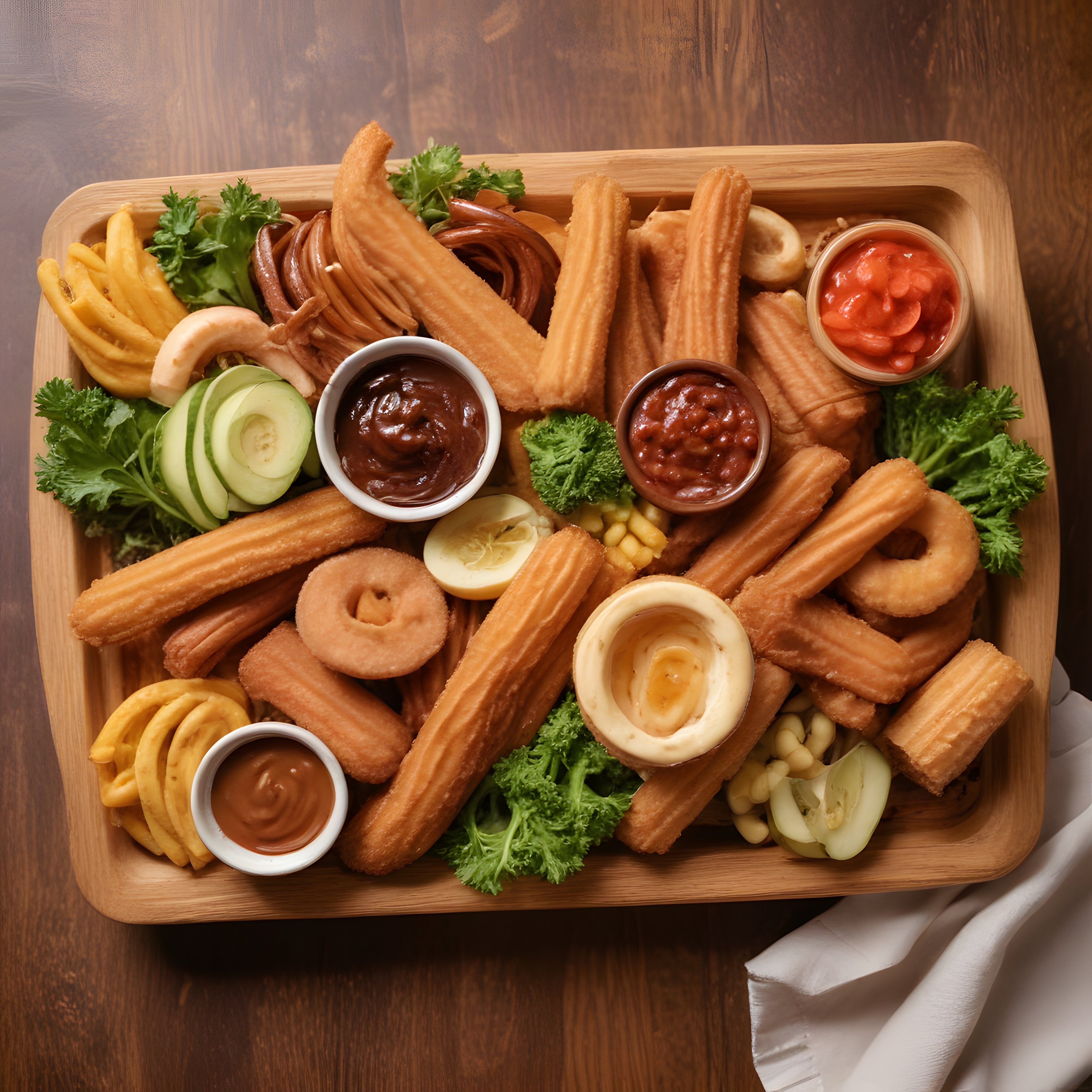 Ahşap tepside churros, yumurta ve soslarla hazırlanmış renkli brunch tabağı