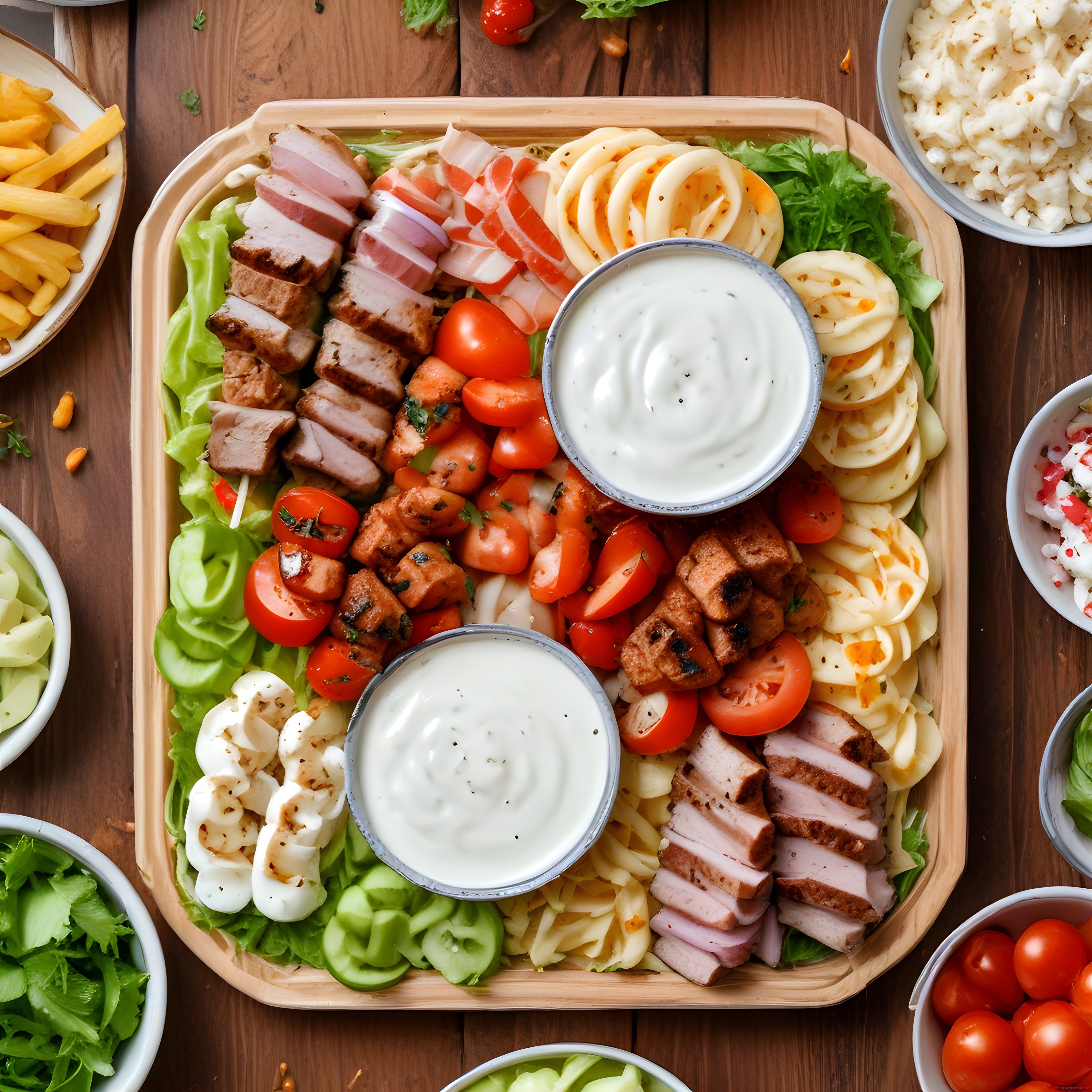 Ahşap tepside çift soslu tavuklu ve sebzeli besleyici salata sunumu