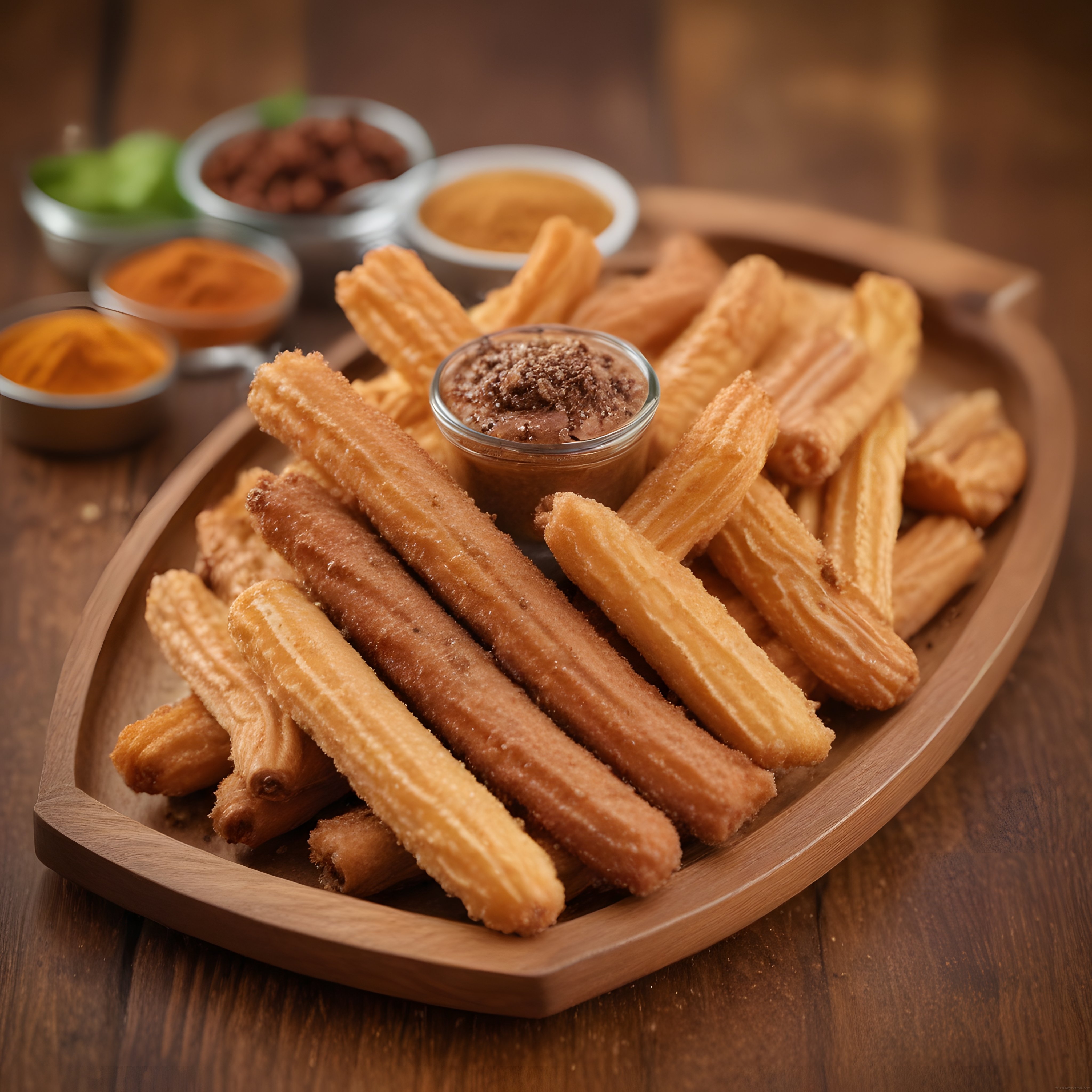 Ahşap Tepside Çikolata Sosuyla Servis Edilmiş Çıtır Churros Tatlısı