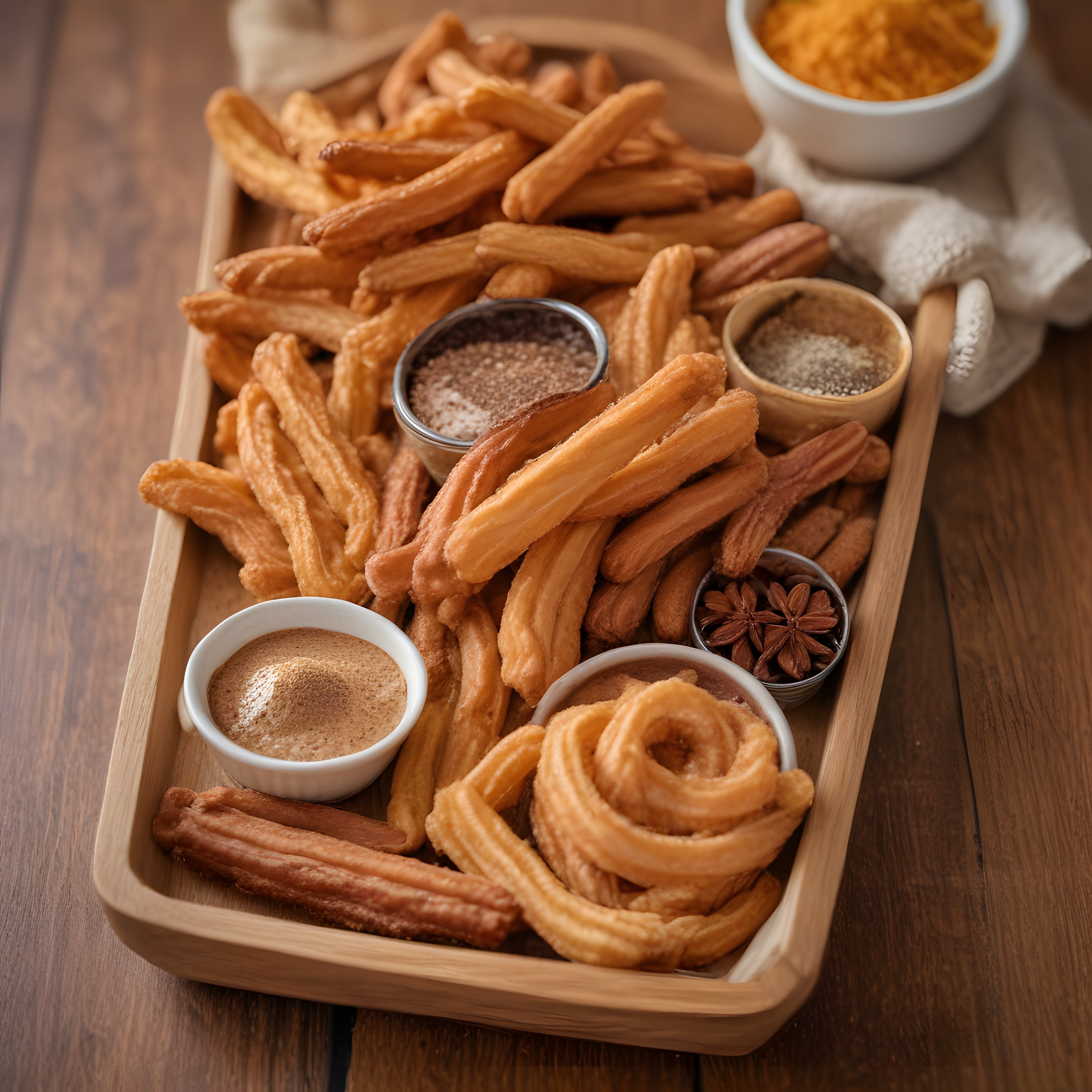 Ahşap Tepside Çıtır Churros, Çikolata ve Tarçınlı Soslar ile Eşsiz Tatlı Sunumu