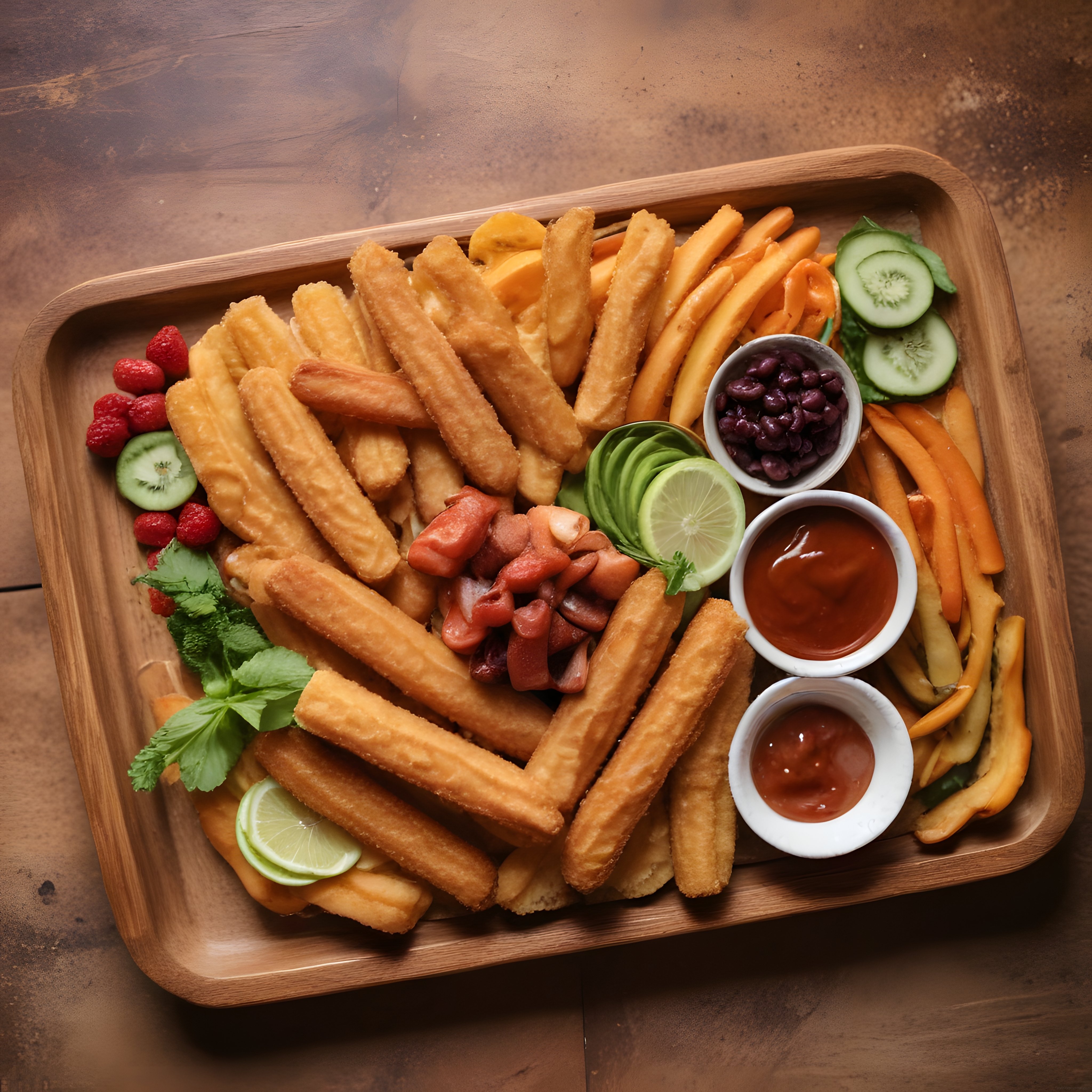 Ahşap tepside çıtır churros, patates kızartması ve çeşitli dip soslar