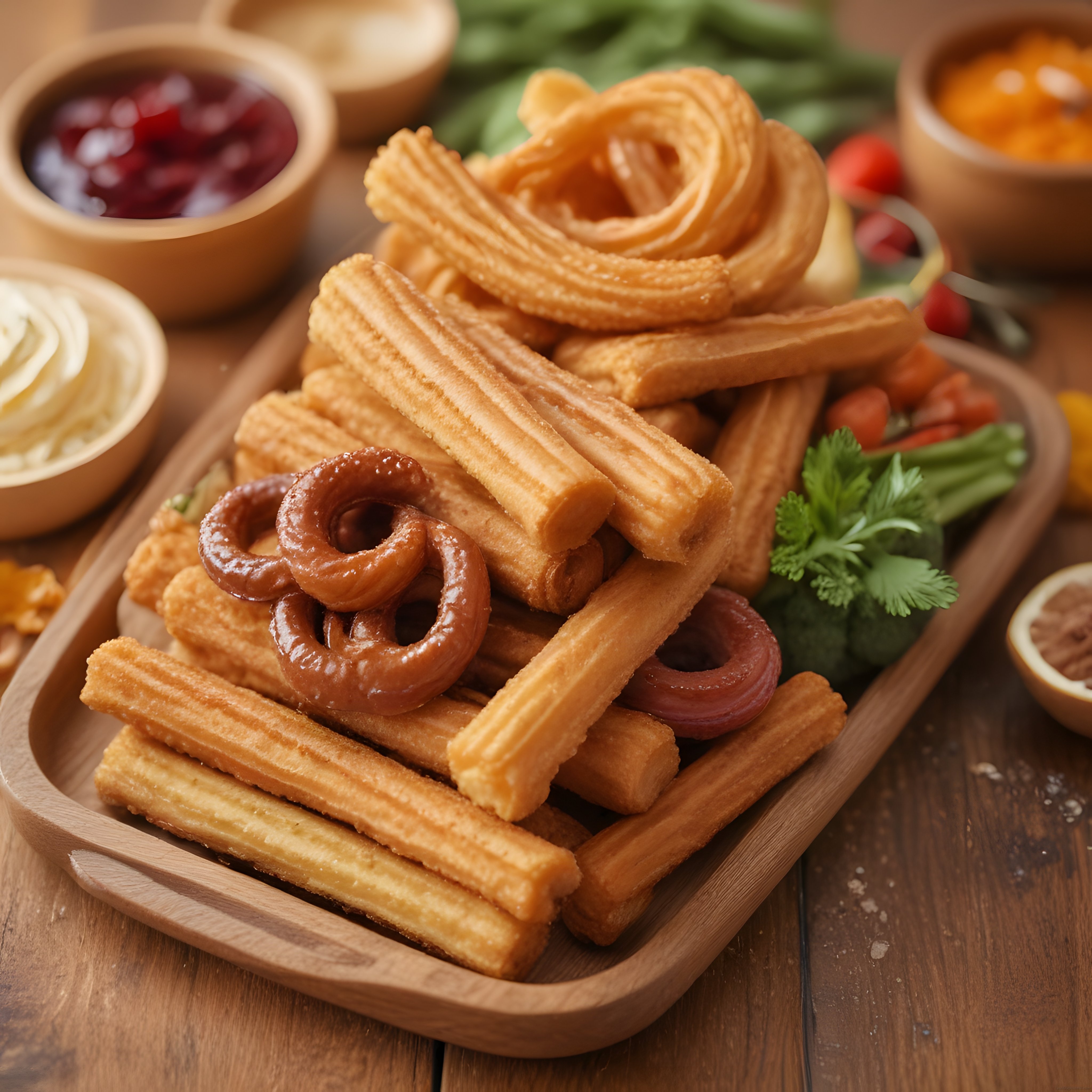 Ahşap tepside çıtır churros ve çikolata soslu tatlı çeşitleri sunumu