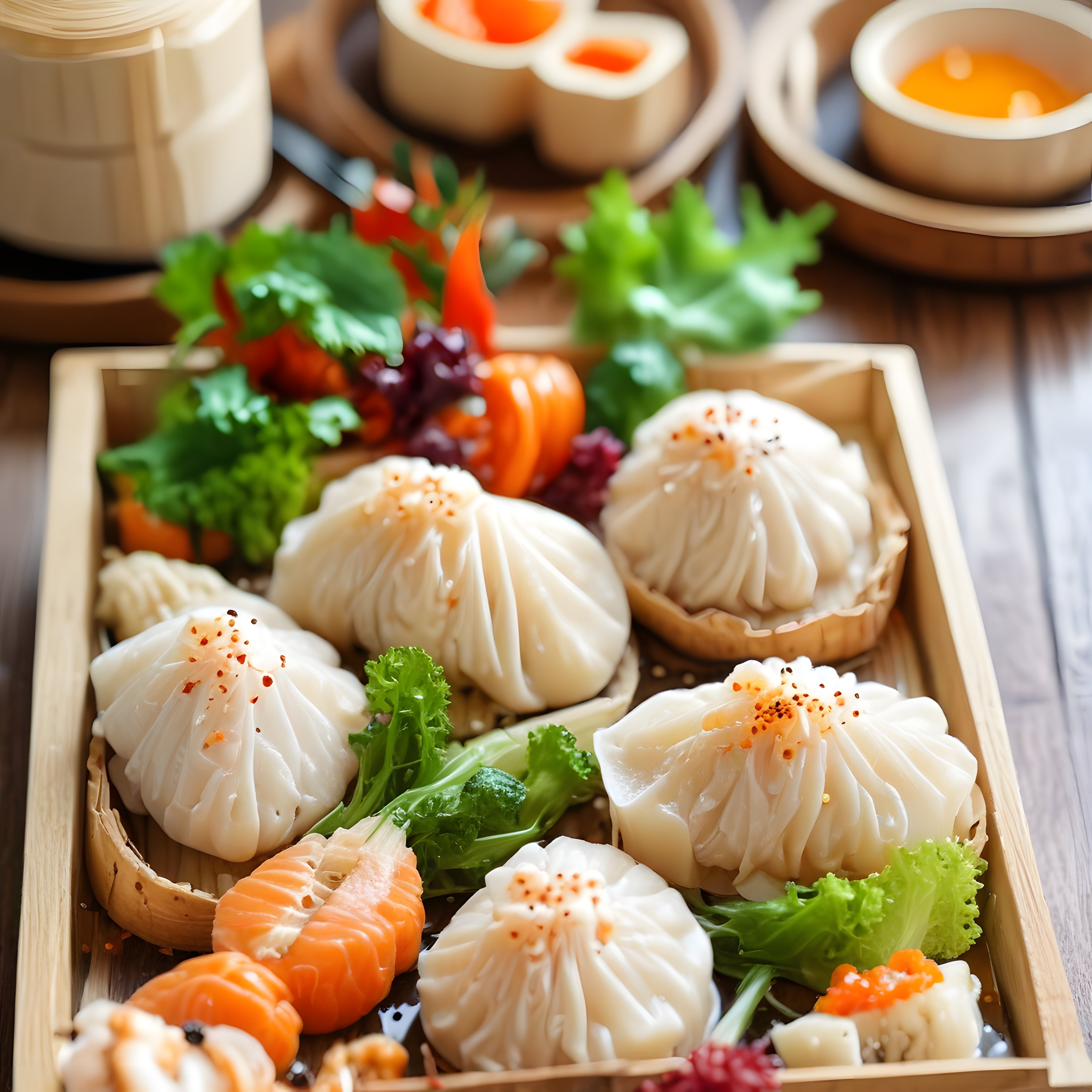 Ahşap tepside dim sum ve somon sashimi sunumu ile şık asya lezzetleri