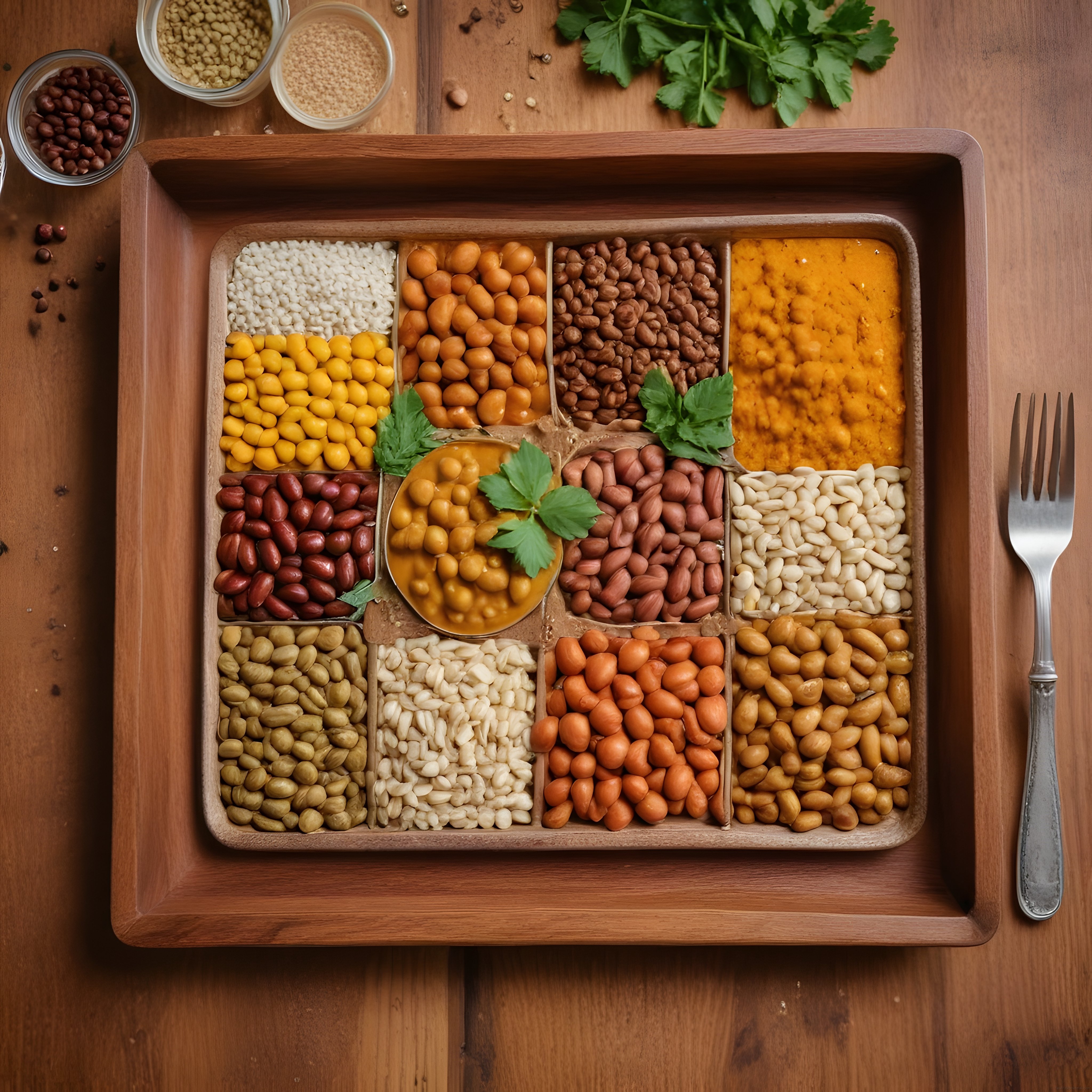 Ahşap Tepside Düzenlenmiş Renkli Baklagiller ve Sağlıklı Bitkisel Protein Kaynakları