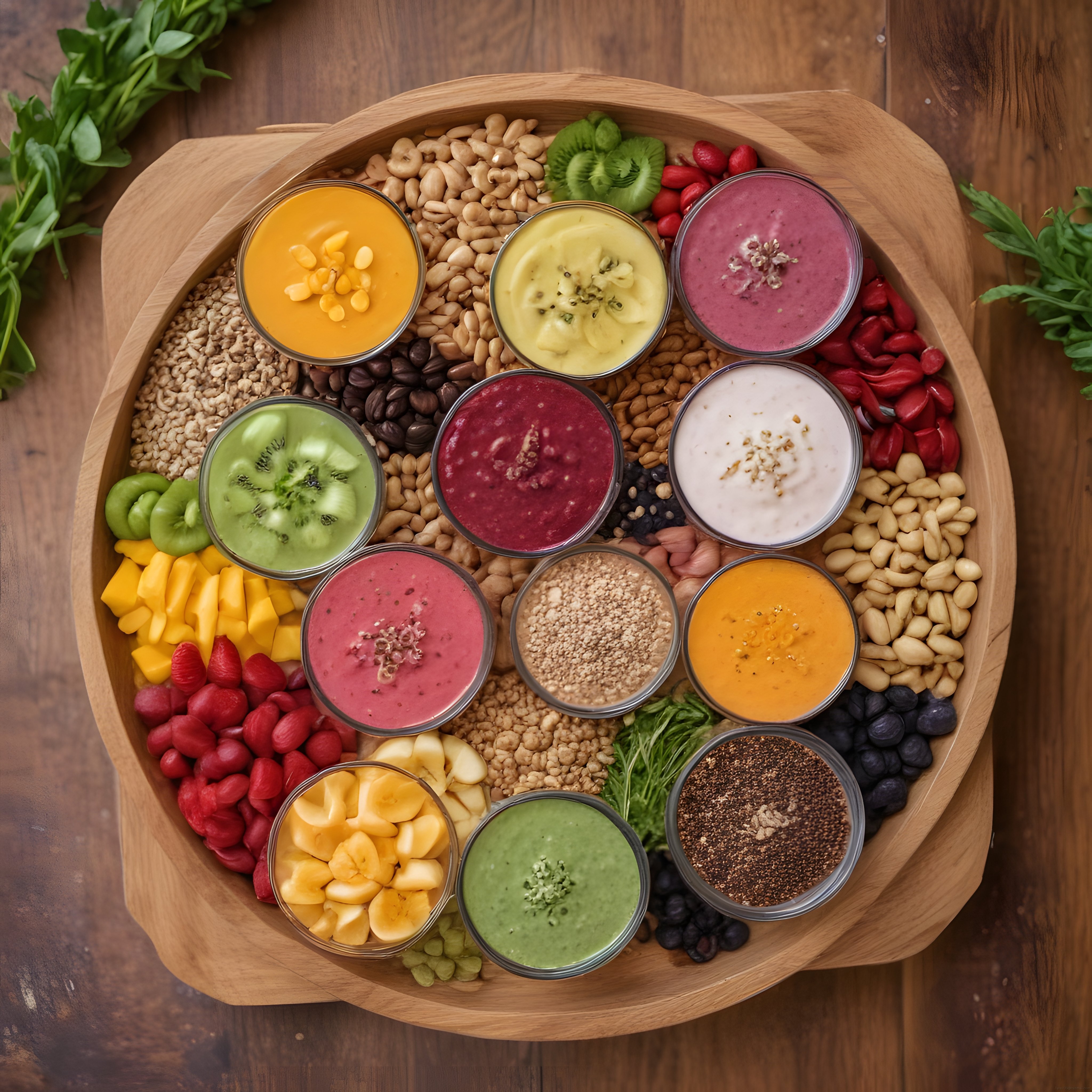 Ahşap tepside düzenlenmiş renkli smoothie kaseleri ve taze meyvelerle sağlıklı kahvaltı sunumu