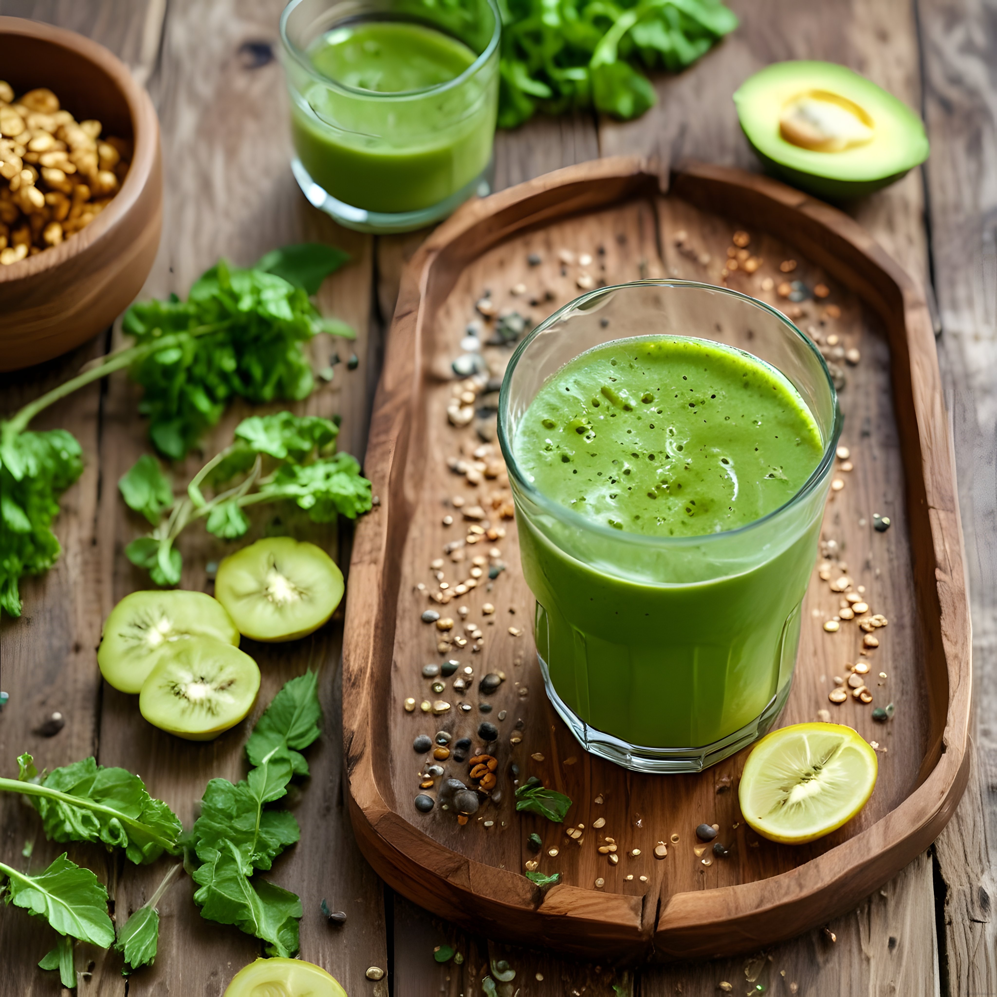 Ahşap Tepside Ev Yapımı Yeşil Detoks Smoothie ve Taze Malzemeler