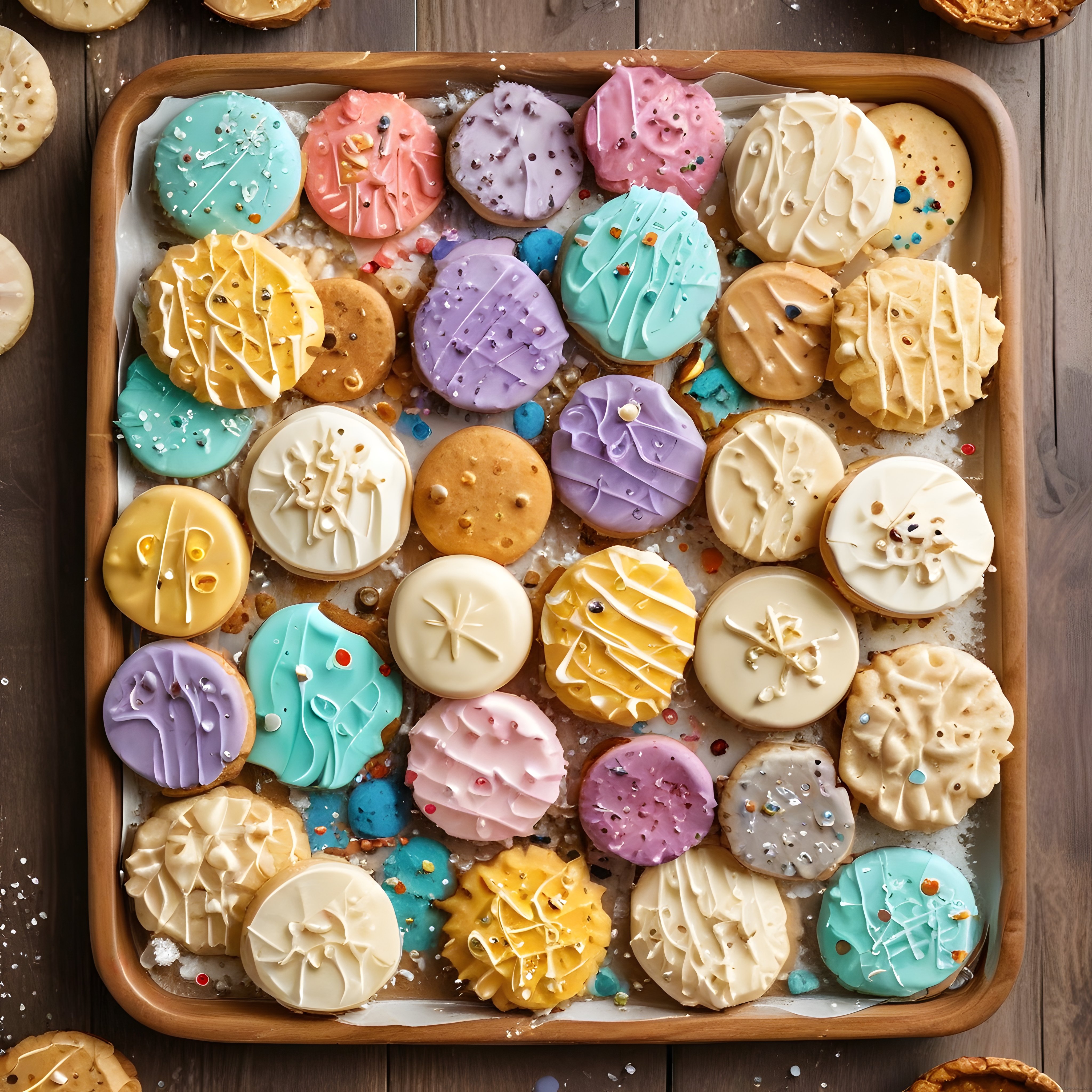 Ahşap Tepside Farklı Pastel ve Canlı Renklerde Süslenmiş Kurabiyeler
