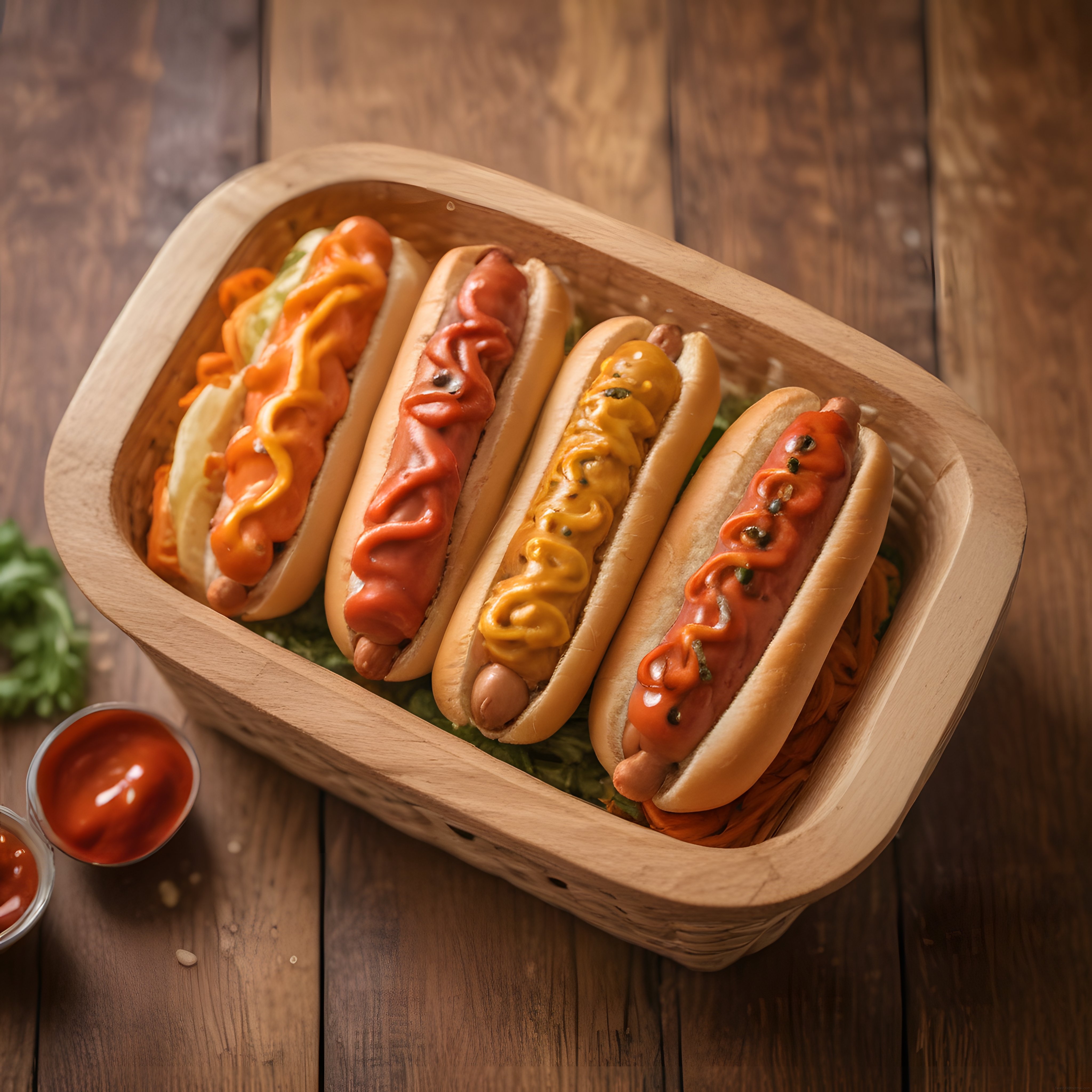 Ahşap Tepside Farklı Soslarla Sunulmuş Lezzetli Hot Dog Çeşitleri