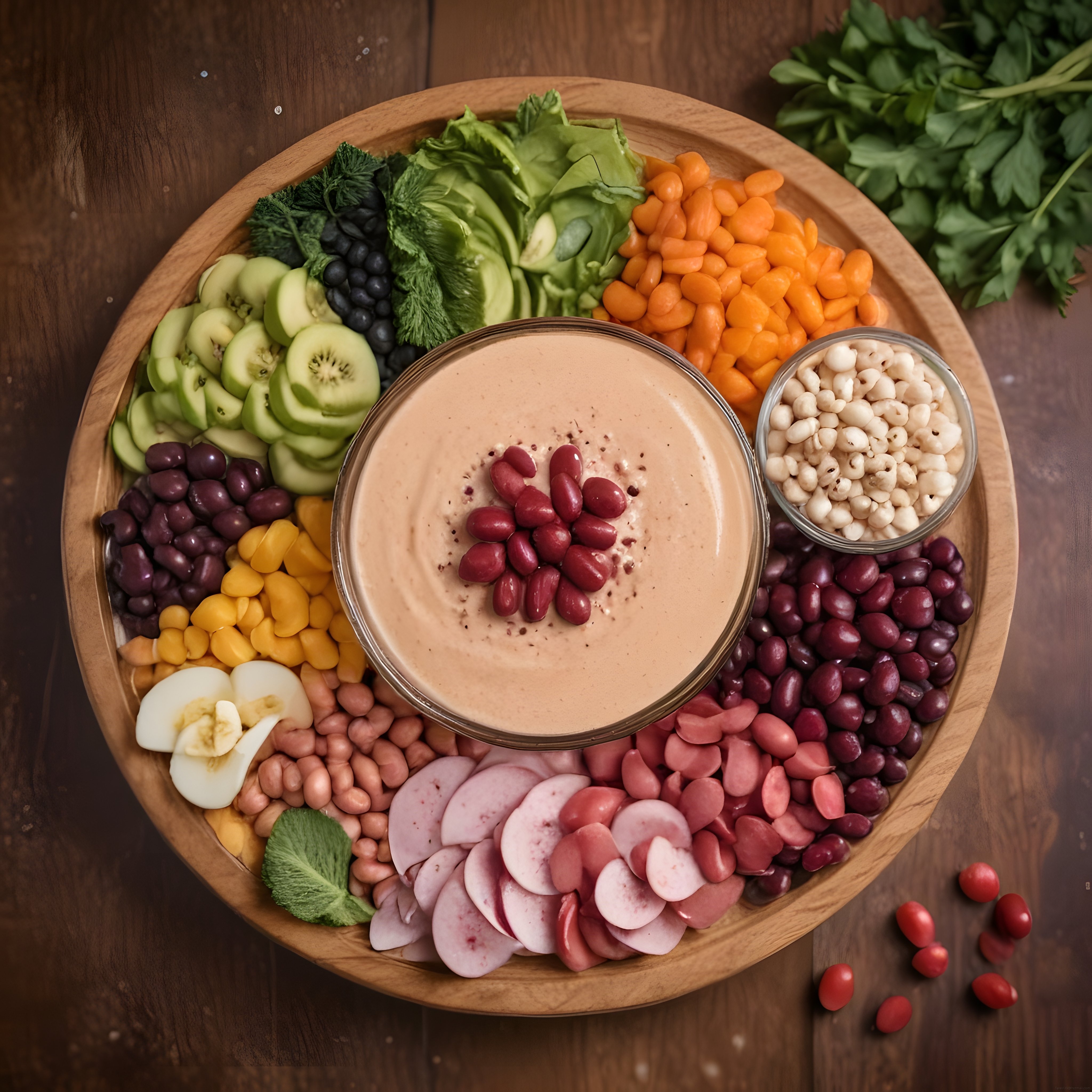 Ahşap Tepside Gökkuşağı Renklerinde Sağlıklı Buddha Bowl ve Dip Sosu