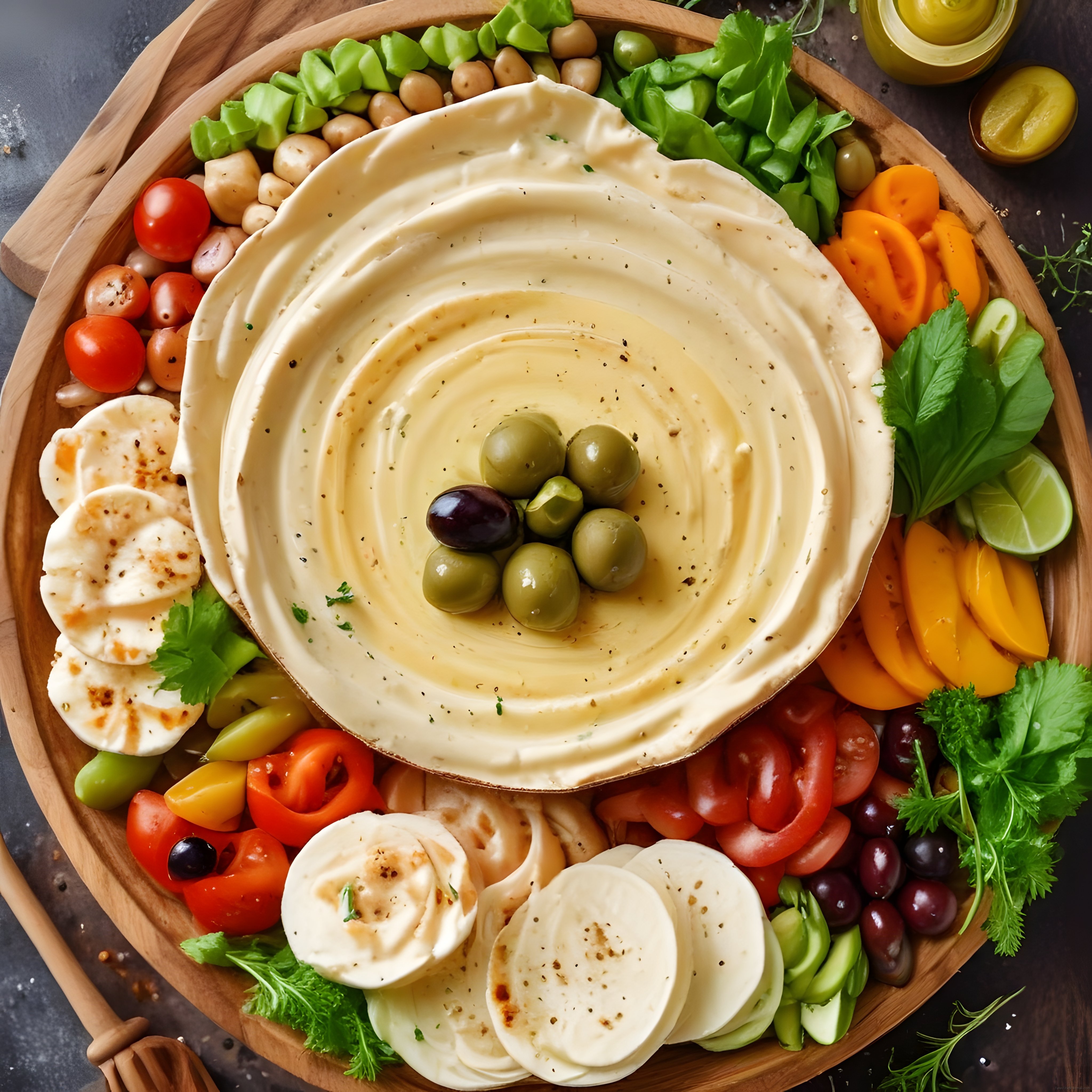 Ahşap Tepside Göz Alıcı Humus Sunumu: Zeytinli ve Sebzeli Akdeniz Tabağı