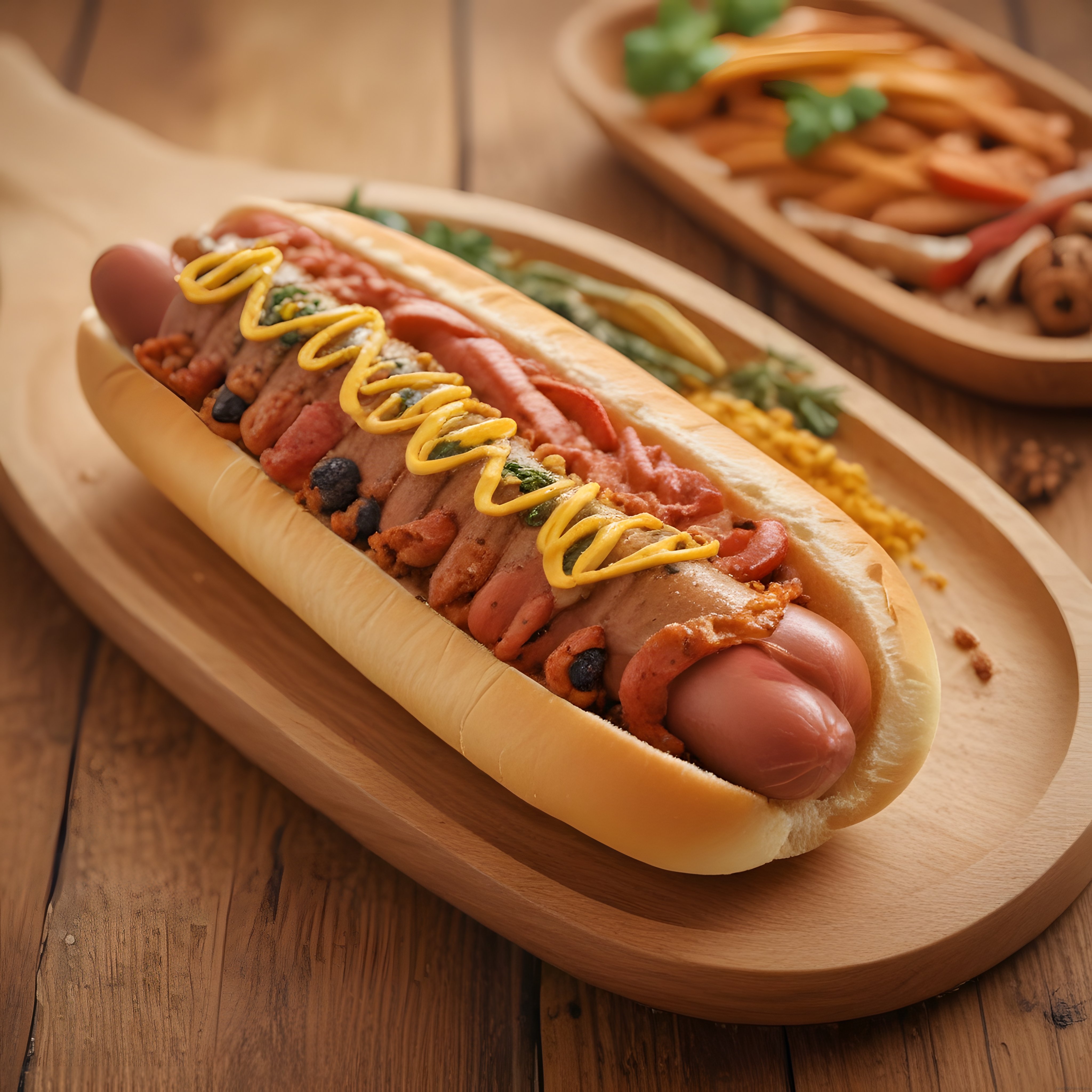 Ahşap Tepside Gurme Hot Dog: Hardallı ve Sucuklu Sosisli Sandviç Tarzı Sunum