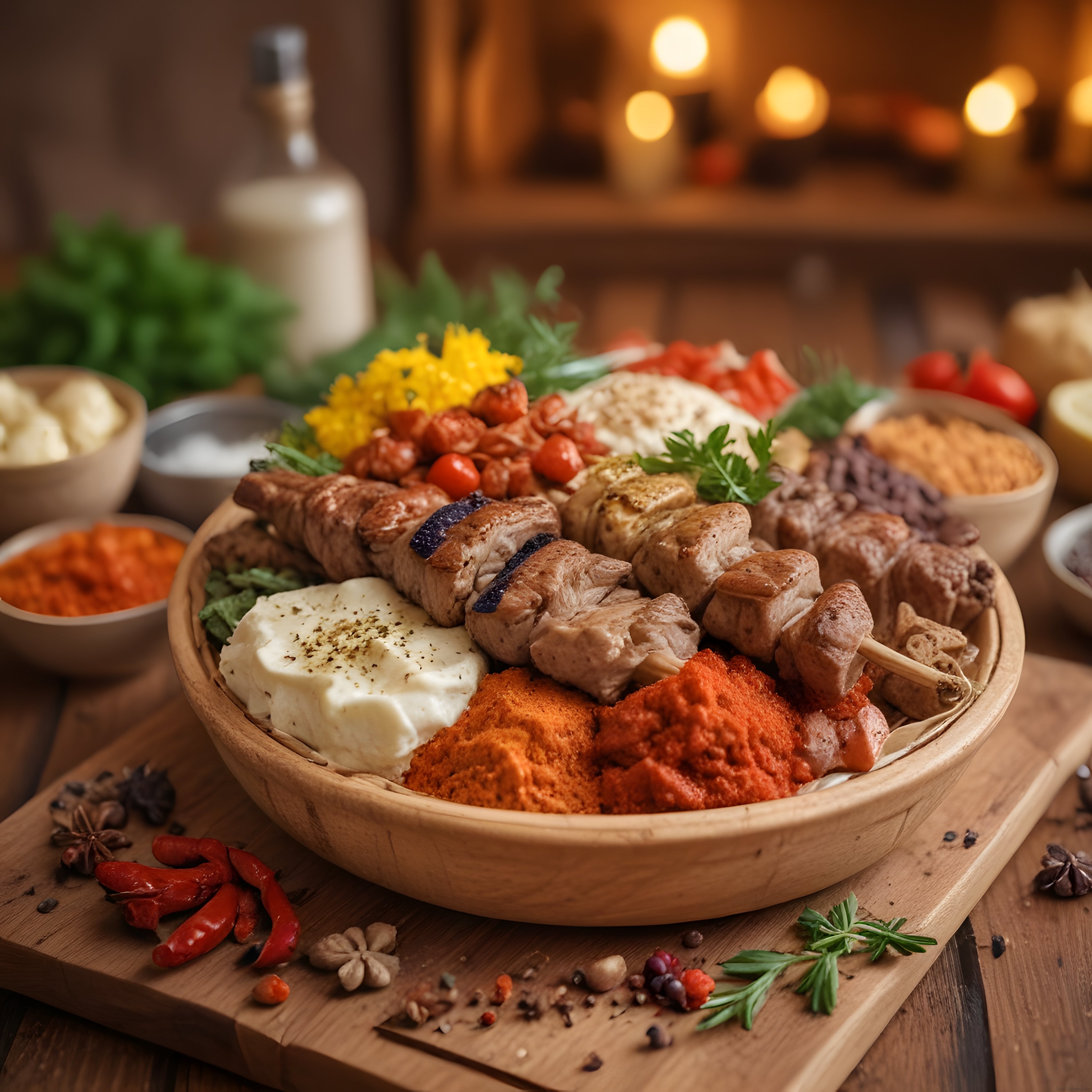 Ahşap Tepside Izgara Et Şiş Helim Peynir Közlenmiş Domates Sunumu