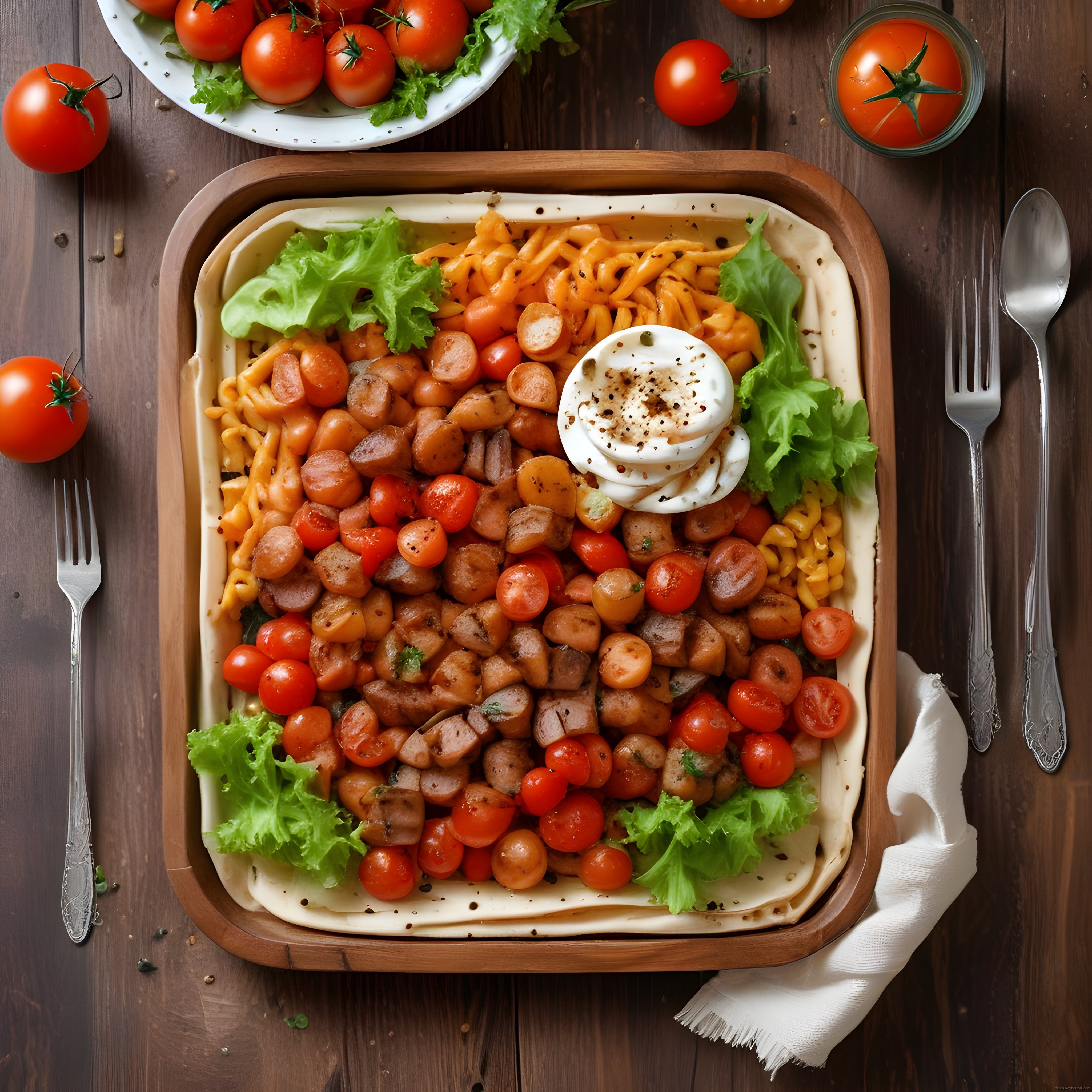 Ahşap Tepside Kahvaltılık Sosis Yumurta ve Makarna ile Ev Yapımı Pratik Tarif