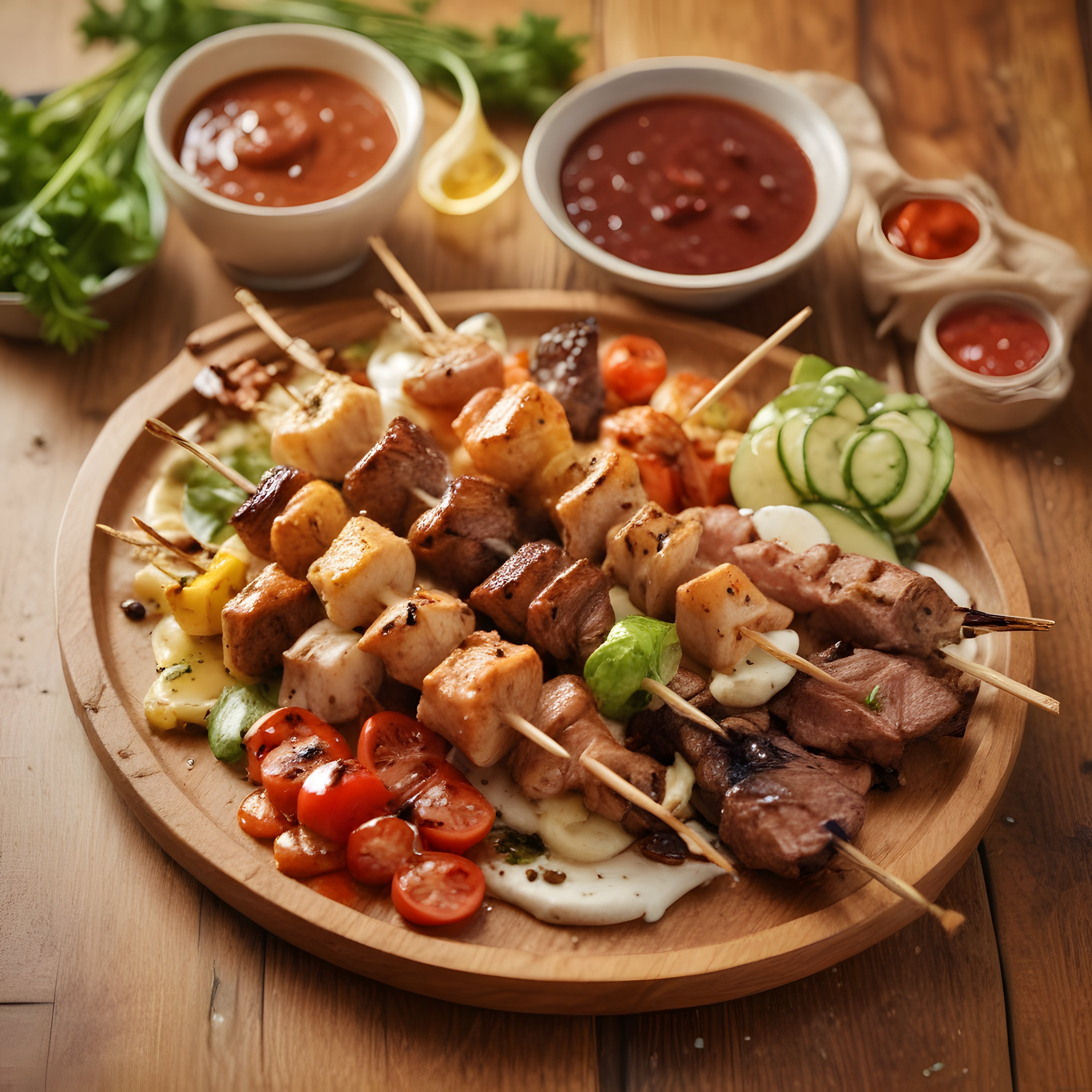 Ahşap tepside karışık et şiş kebap, ızgara sebzeler ve ev yapımı sos sunumu