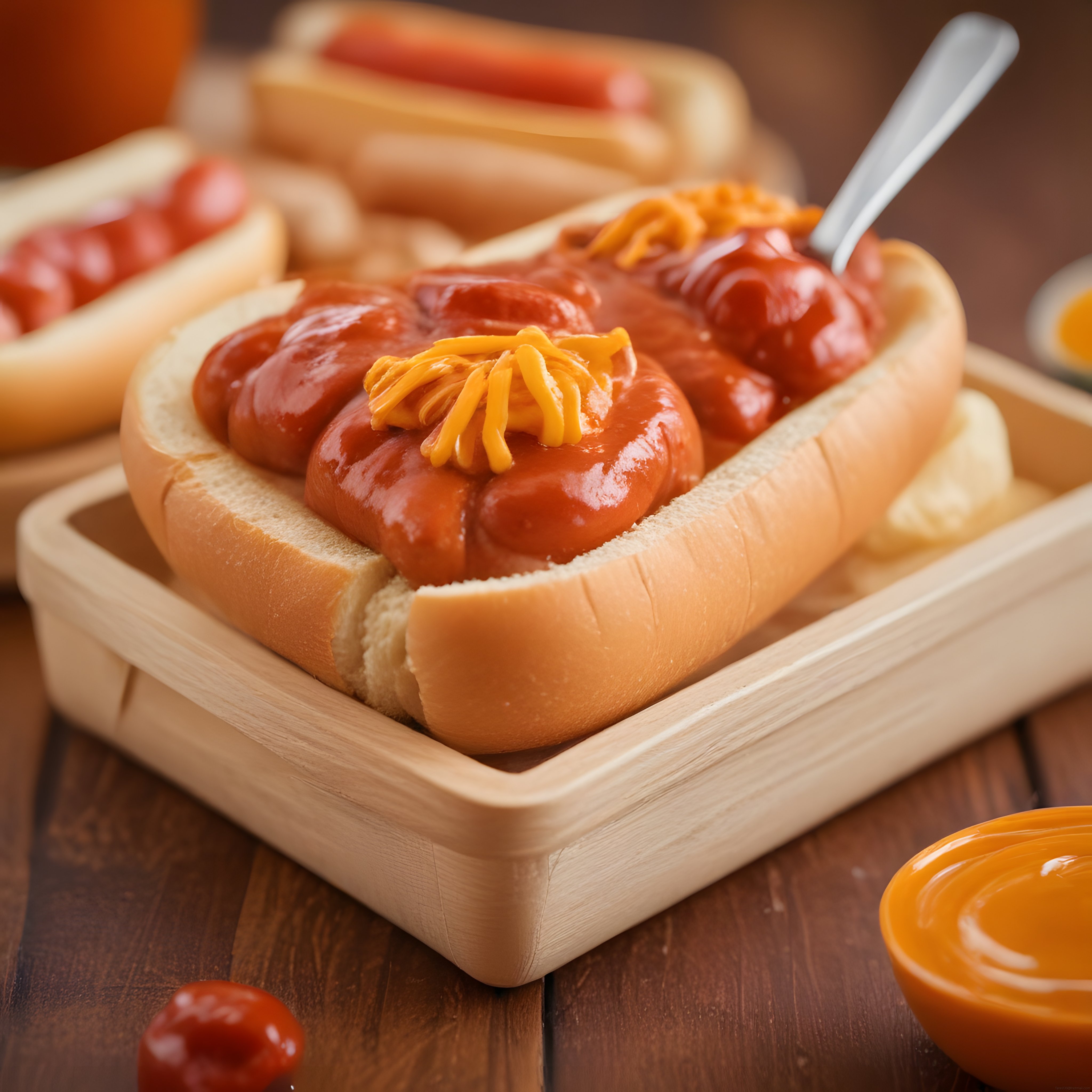 Ahşap Tepside Ketçaplı ve Cheddar Peynirli Sosisli Sandviç Servisi