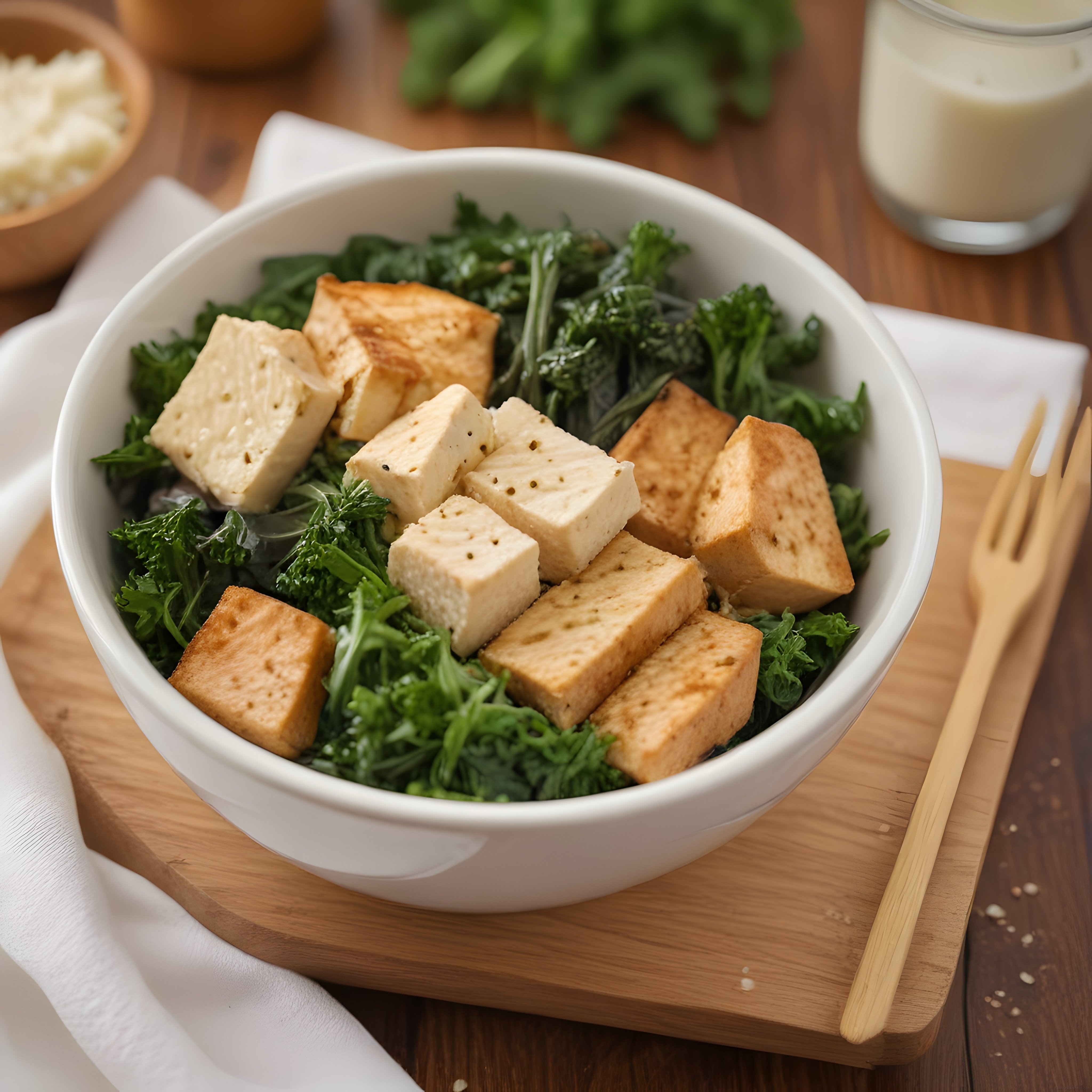 Ahşap Tepside Kızarmış Tofulu ve Yeşil Sebzeli Sağlıklı Vegan Kase