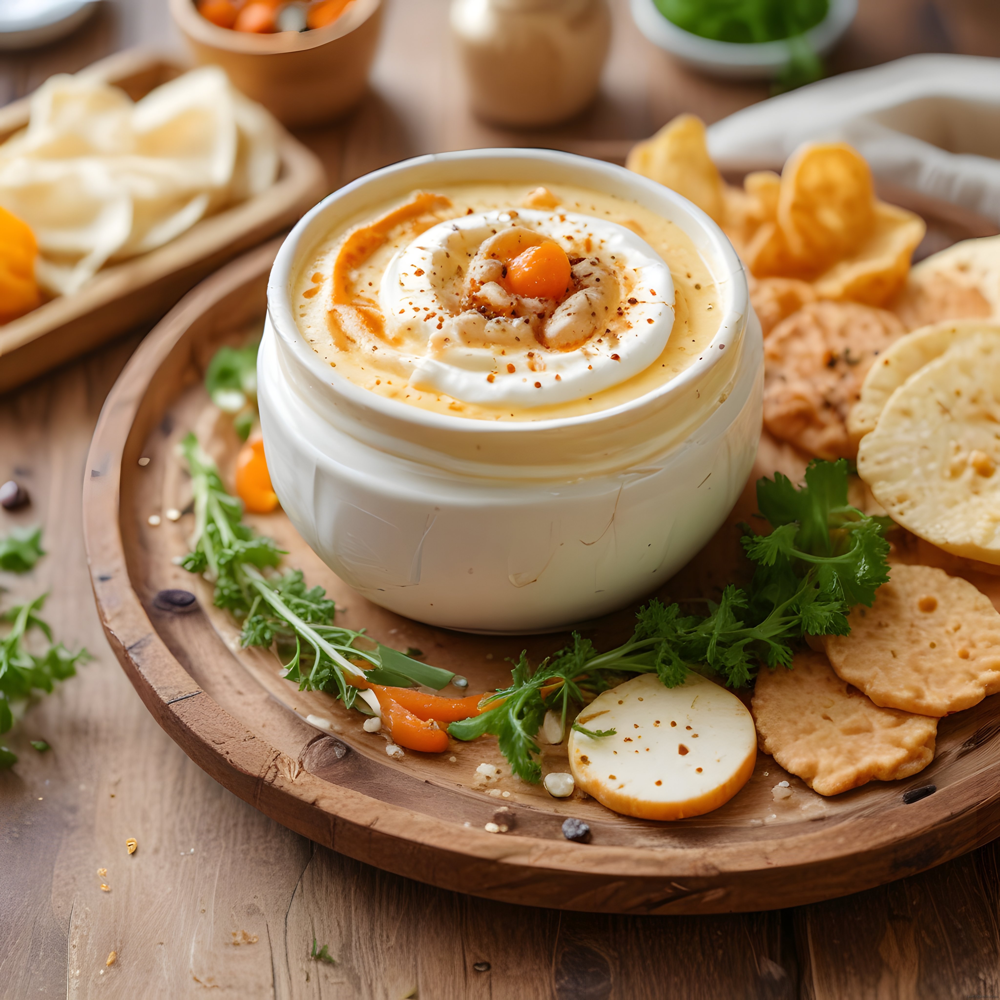 Ahşap Tepside Kremalı Meze ve Cipslerle Pratik Atıştırmalık Sunumu