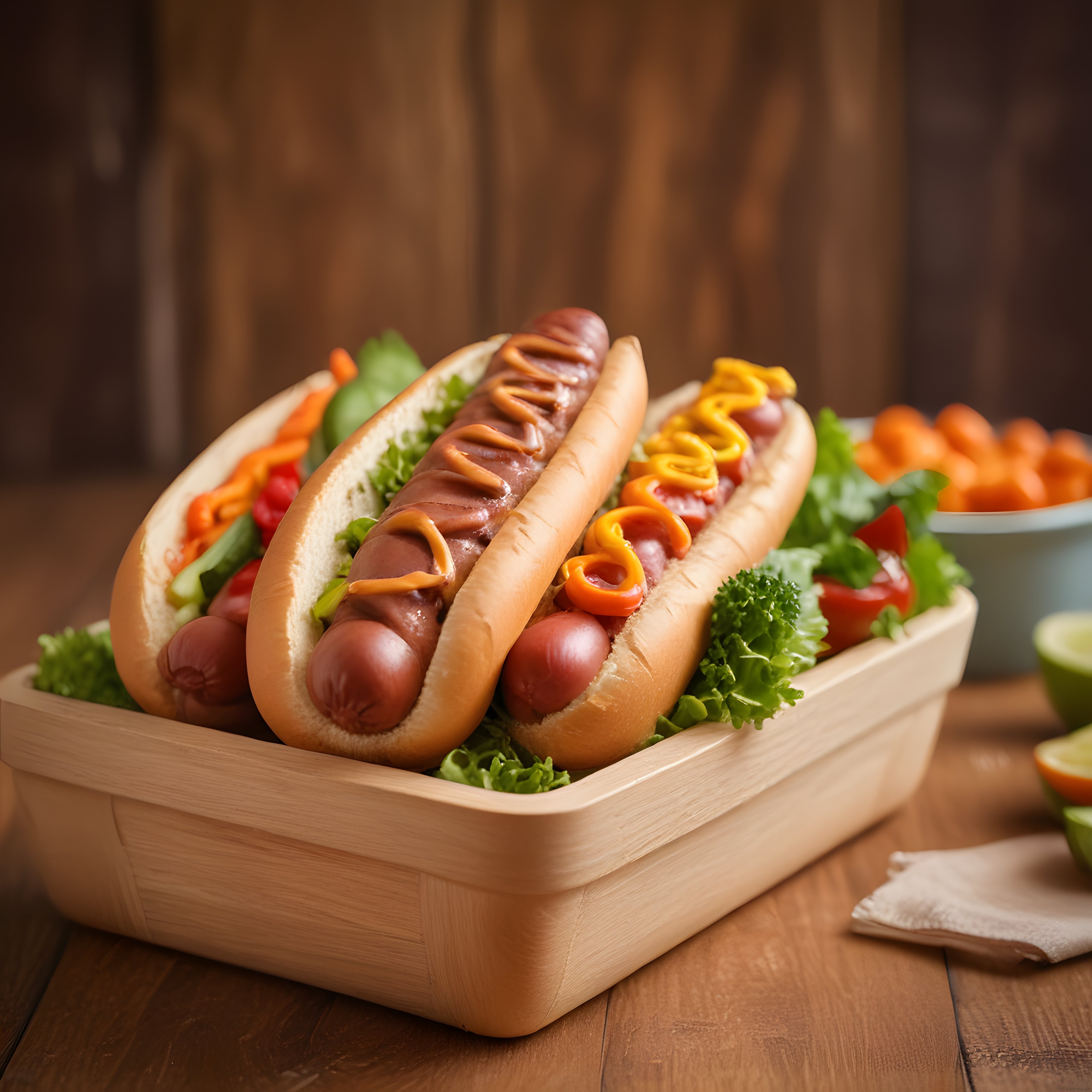 Ahşap Tepside Leziz Hot Dog Çeşitleri, Patates Kızartması ve Yeşillik