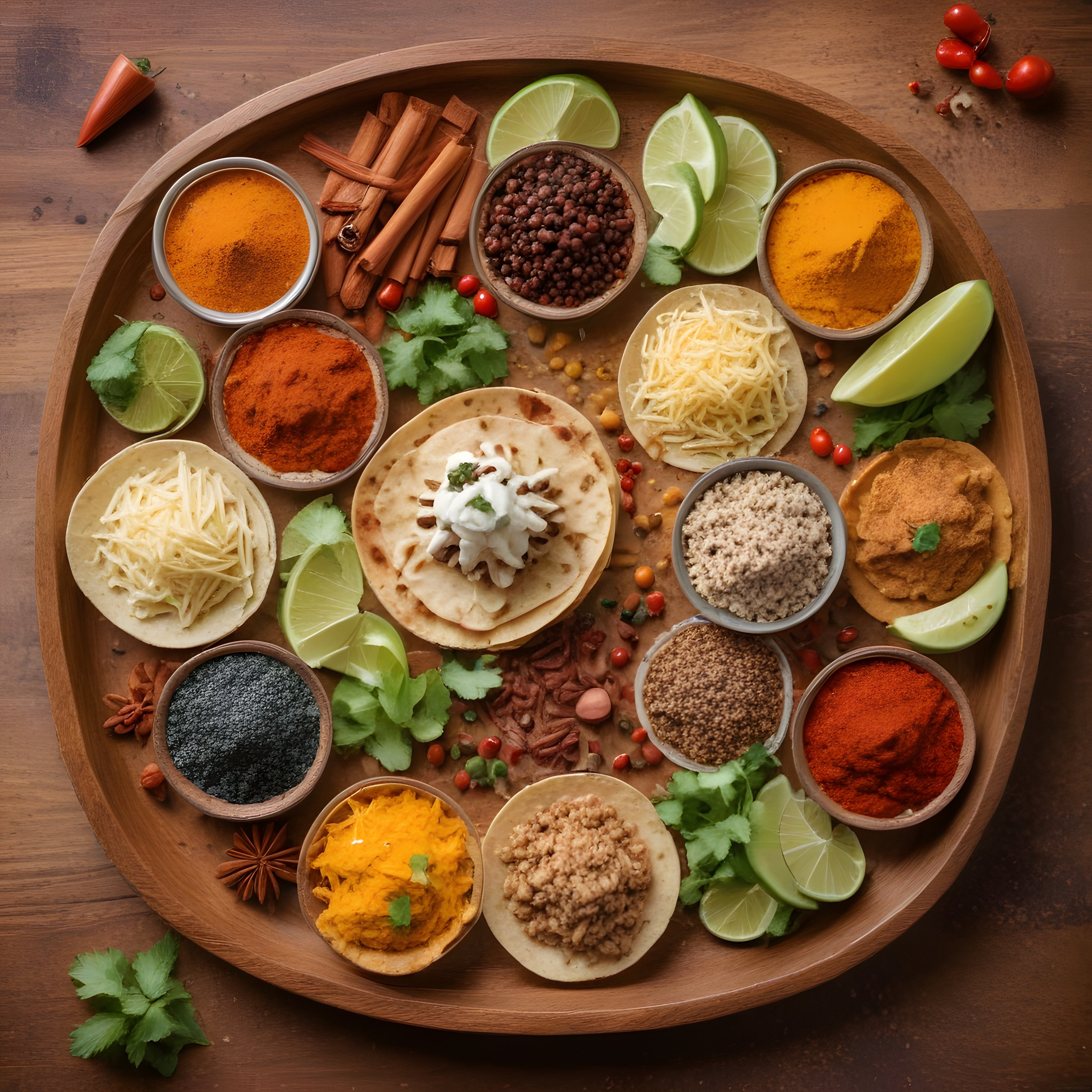 Ahşap Tepside Meksika Lezzetleri: Baharatlar, Lime ve Taco Malzemeleri