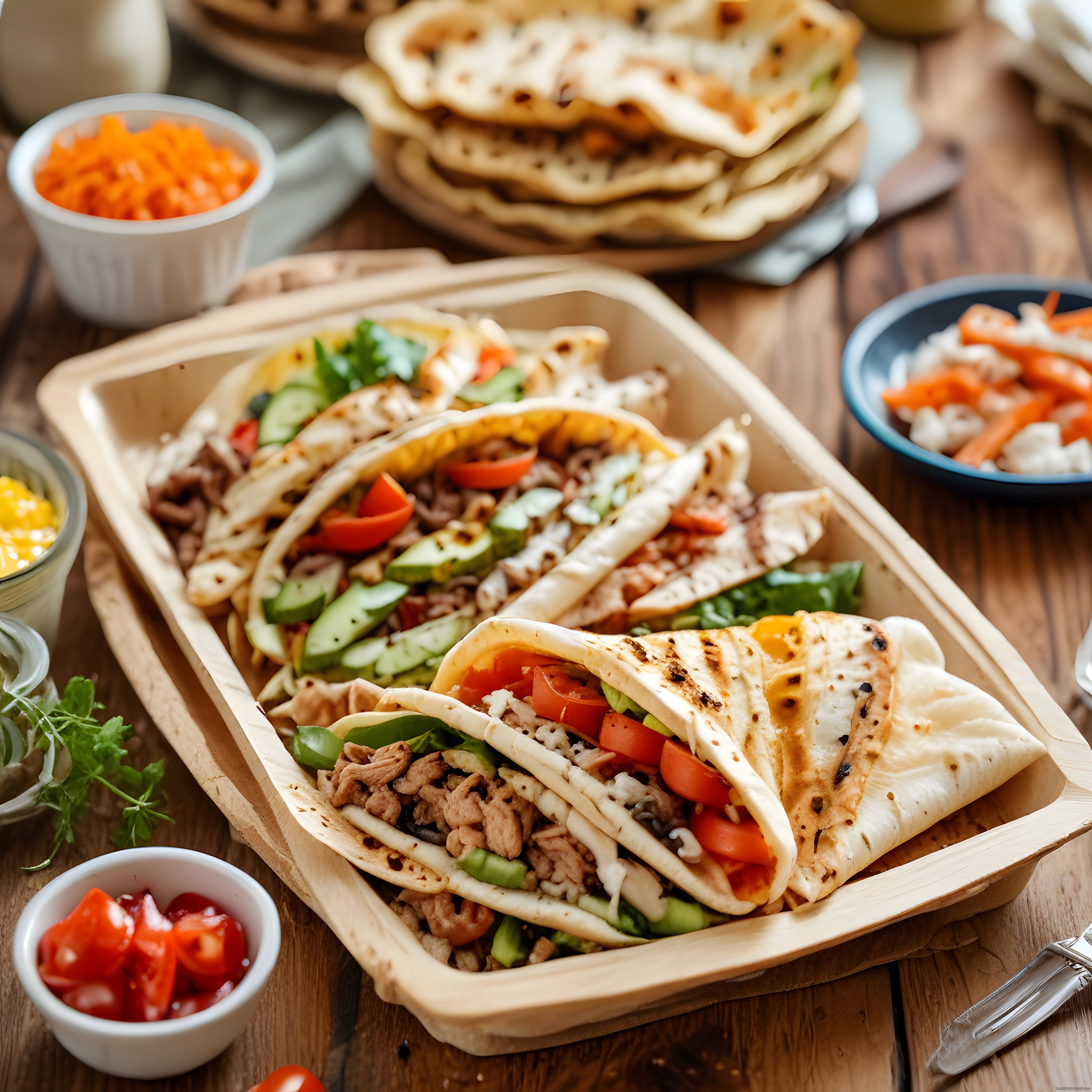 Ahşap Tepside Meksika Usulü Tortilla ile Etli Taco ve Sebze Dolgusu