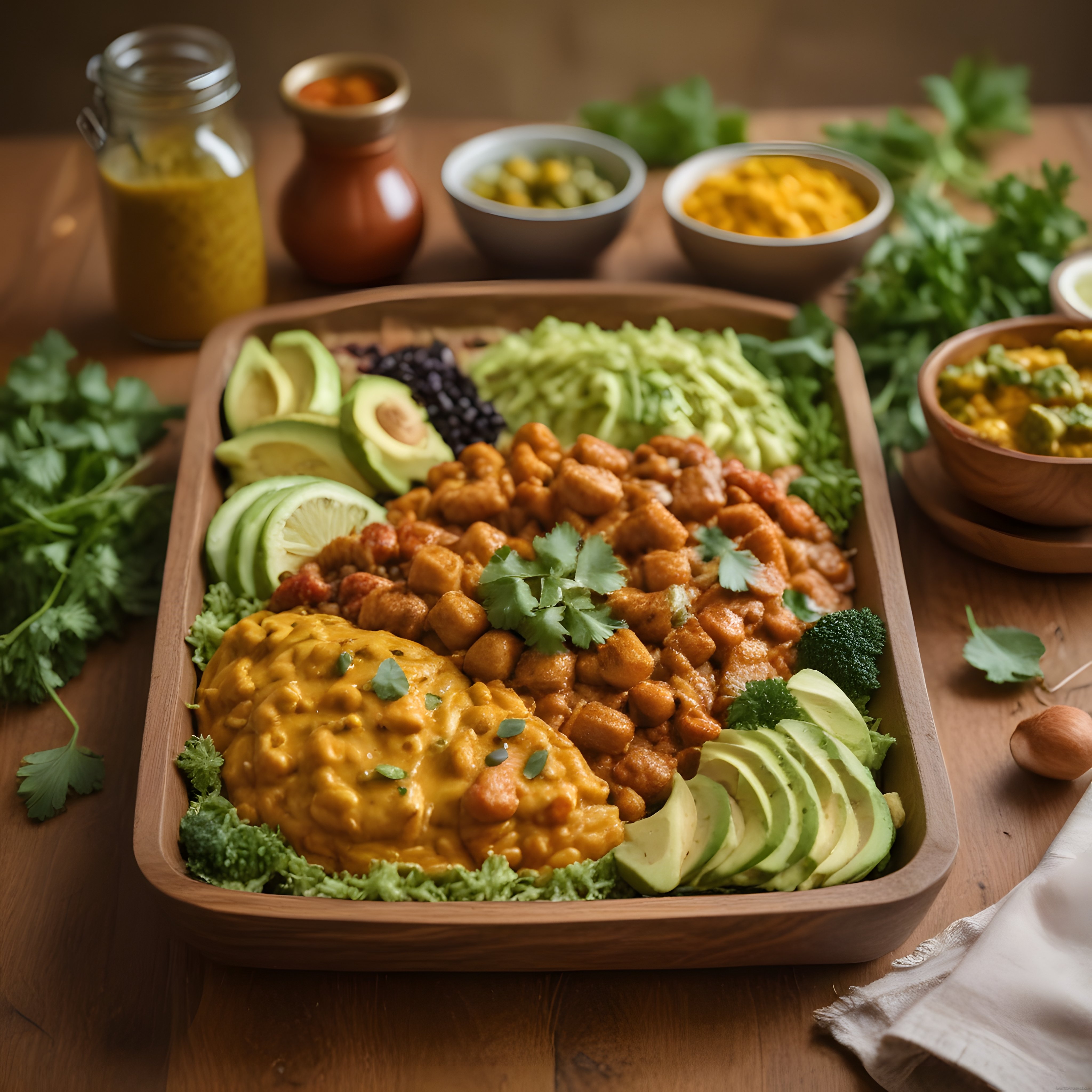 Ahşap tepside nohut, avokado ve kişnişli sağlıklı vegan bowl sunumu