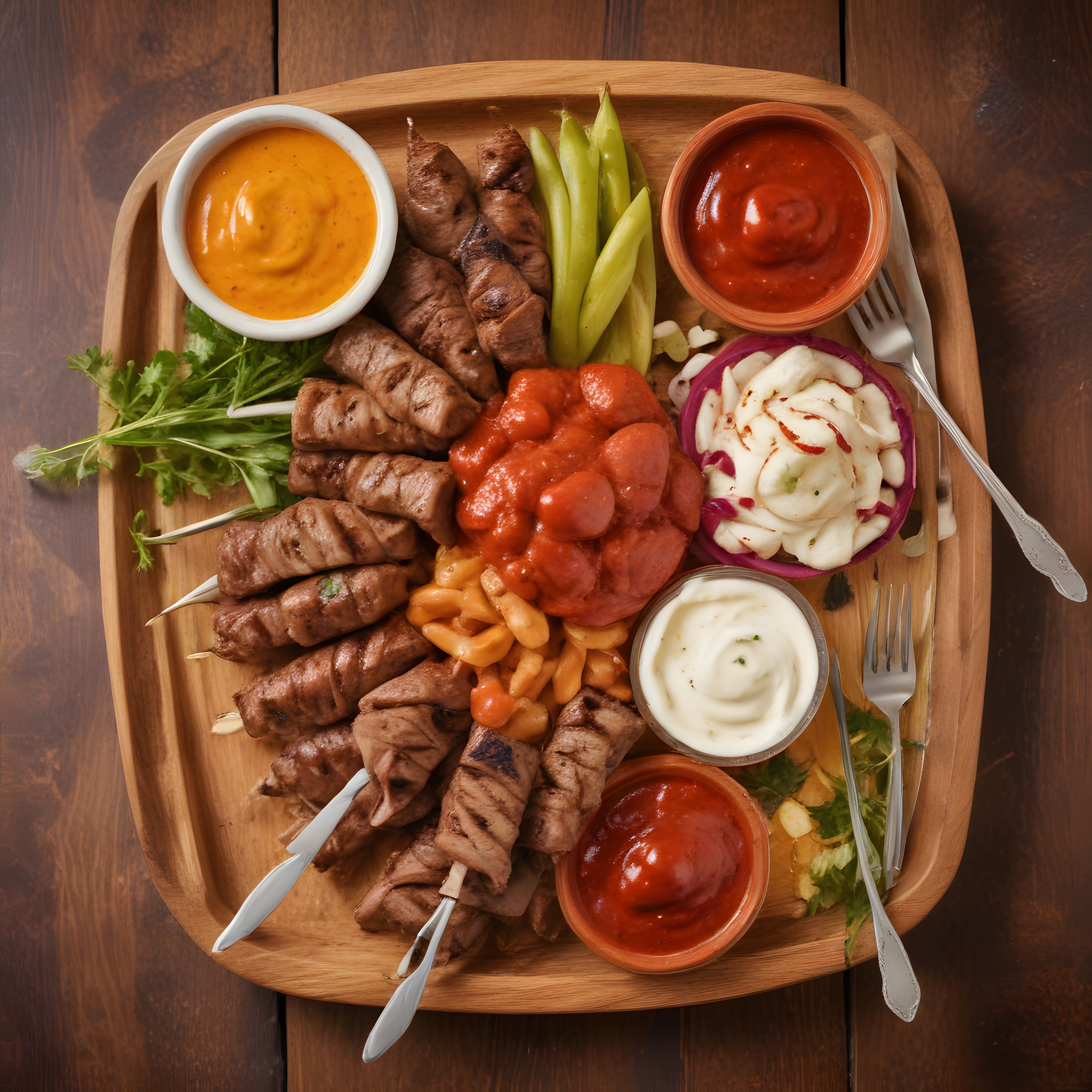 Ahşap Tepside Özel Soslar Eşliğinde Karışık Izgara Et ve Kebap Tabağı