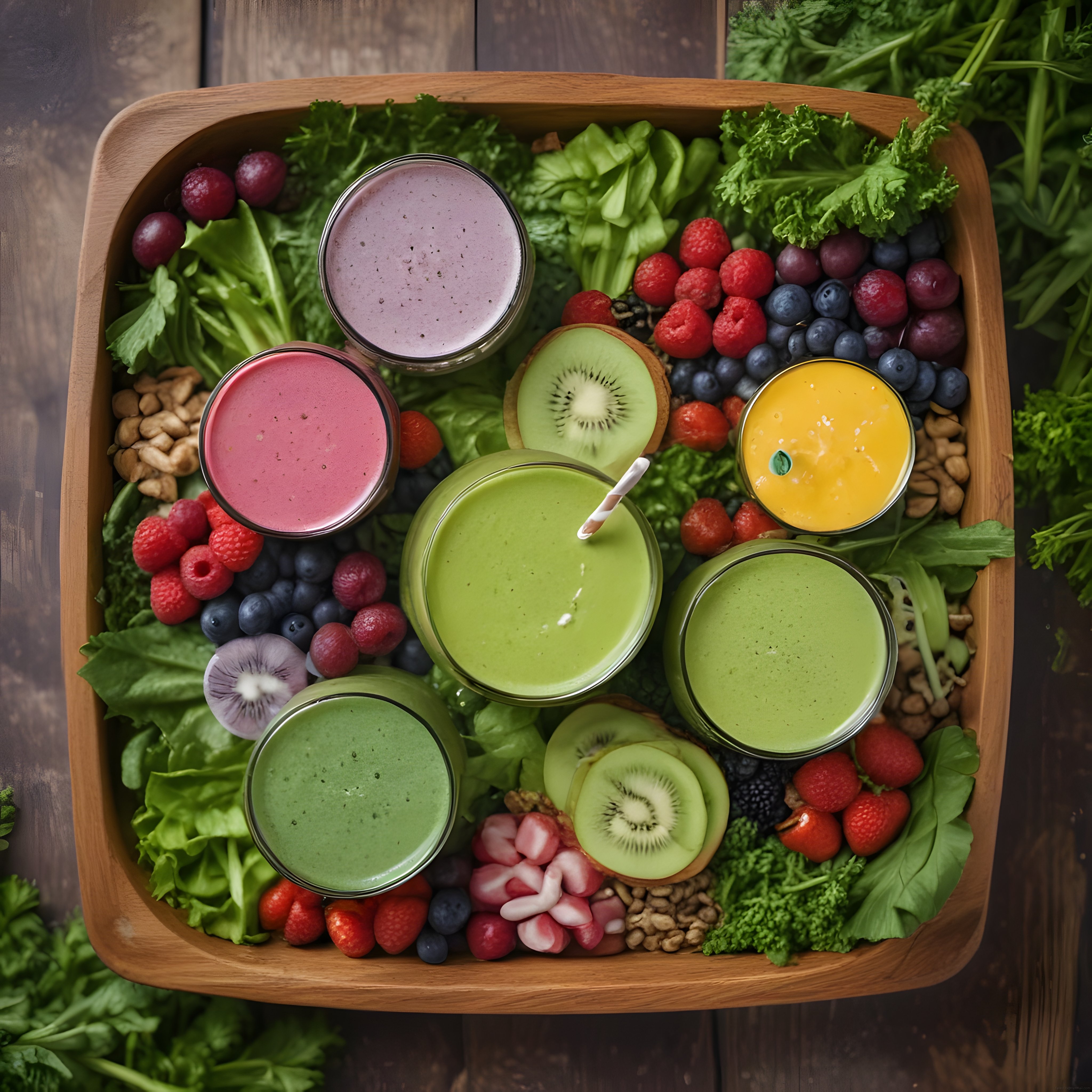 ahşap tepside renkli detoks smoothie çeşitleri ve taze yeşillikler sunumu