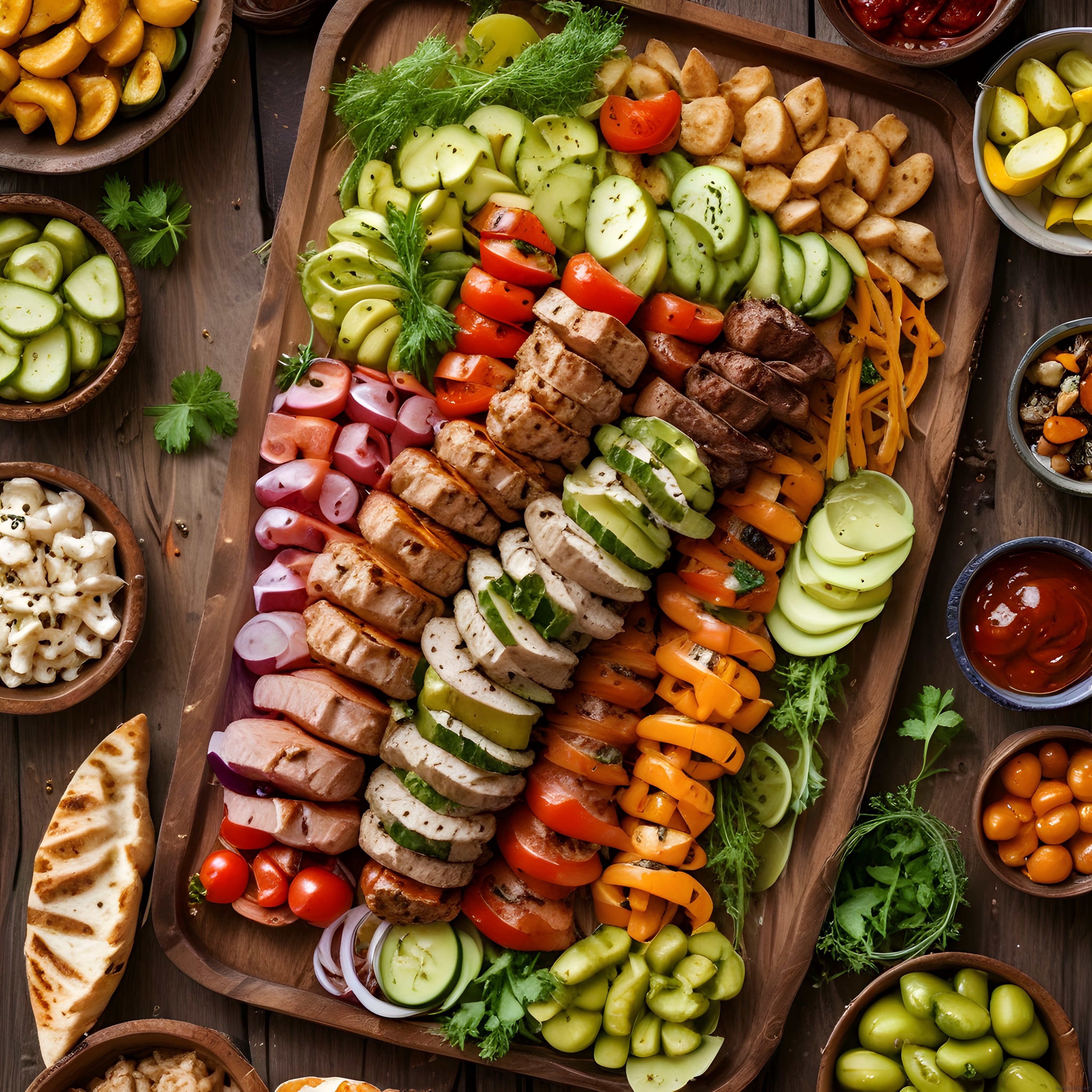 ahşap tepside renkli ızgara sebze ve et şöleni kahvaltı brunch sunumu