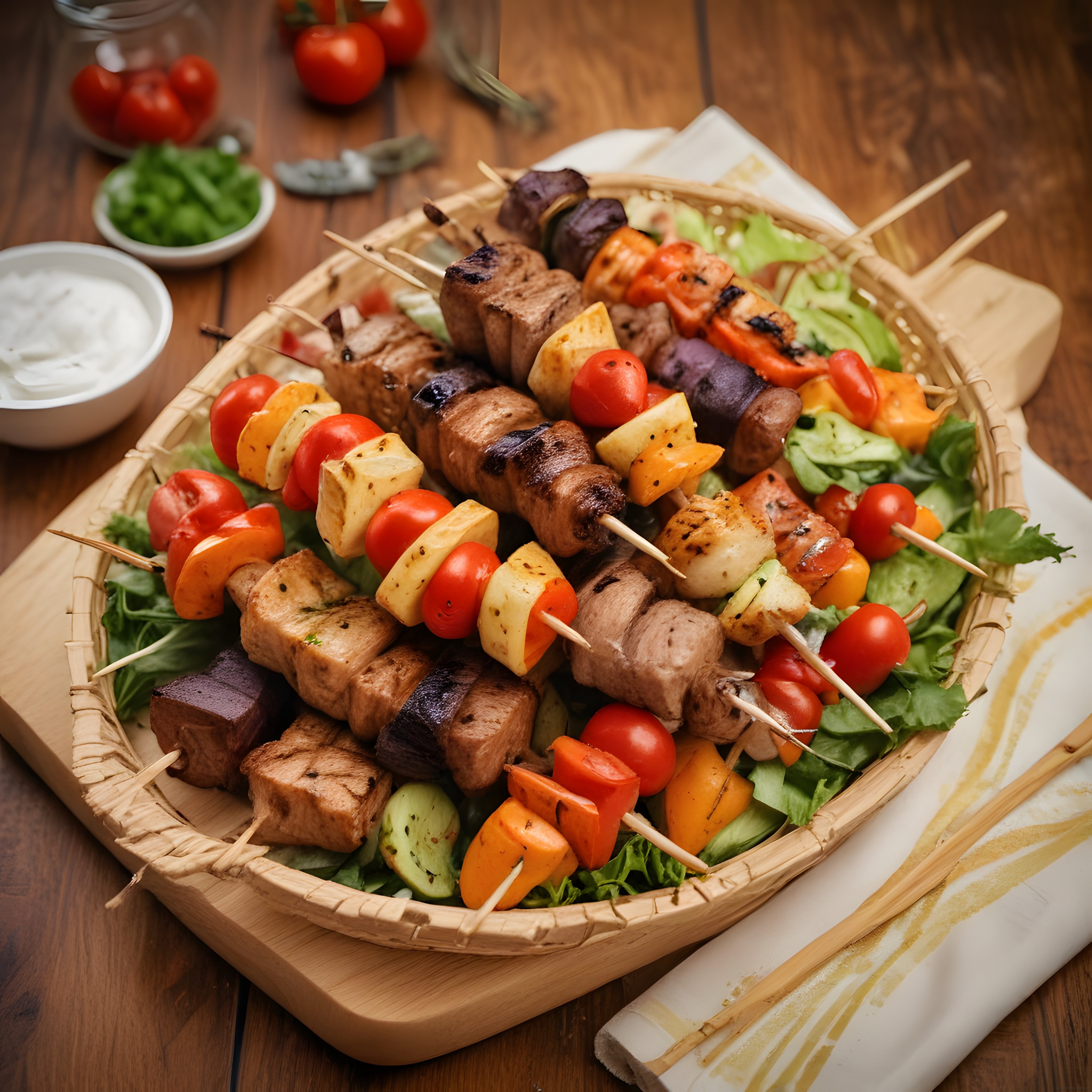 Ahşap tepside renkli ızgara şiş kebap ve taze sebzelerle lezzet şöleni
