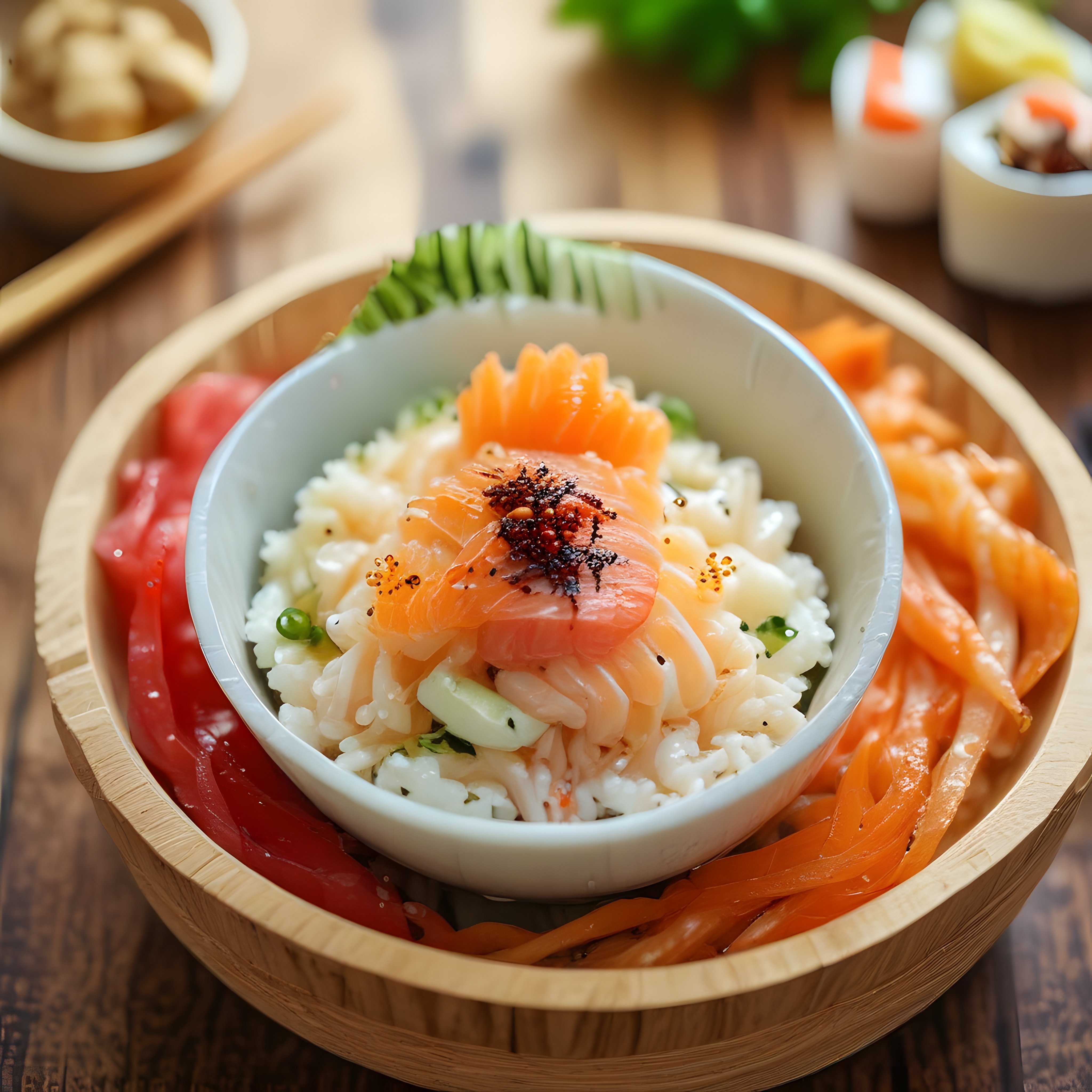 Ahşap Tepside Renkli Japon Balıklı Poke Bowl ve Sushi Sunumu