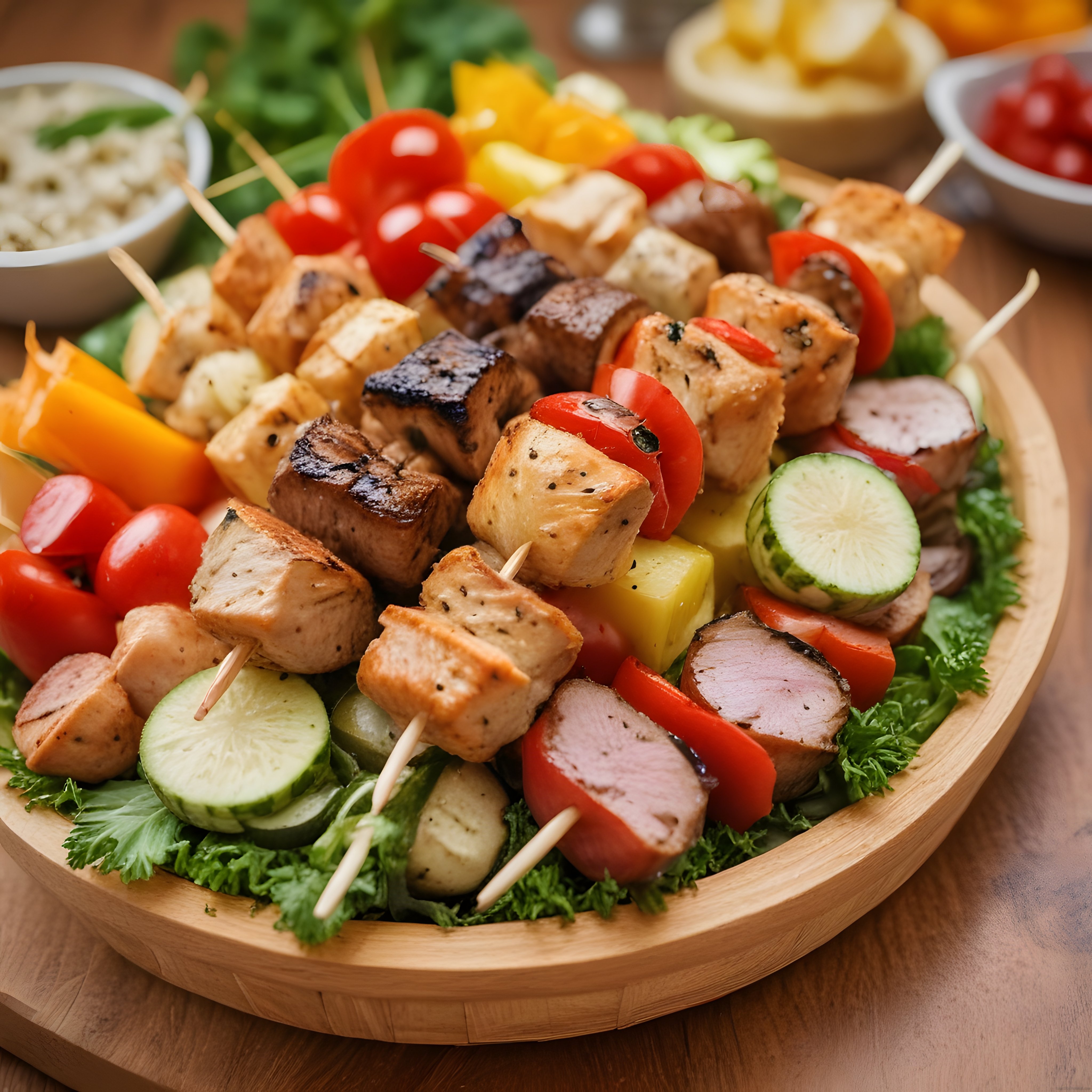 Ahşap tepside renkli sebzeler ve baharatlı etli ızgara şiş kebap sunumu
