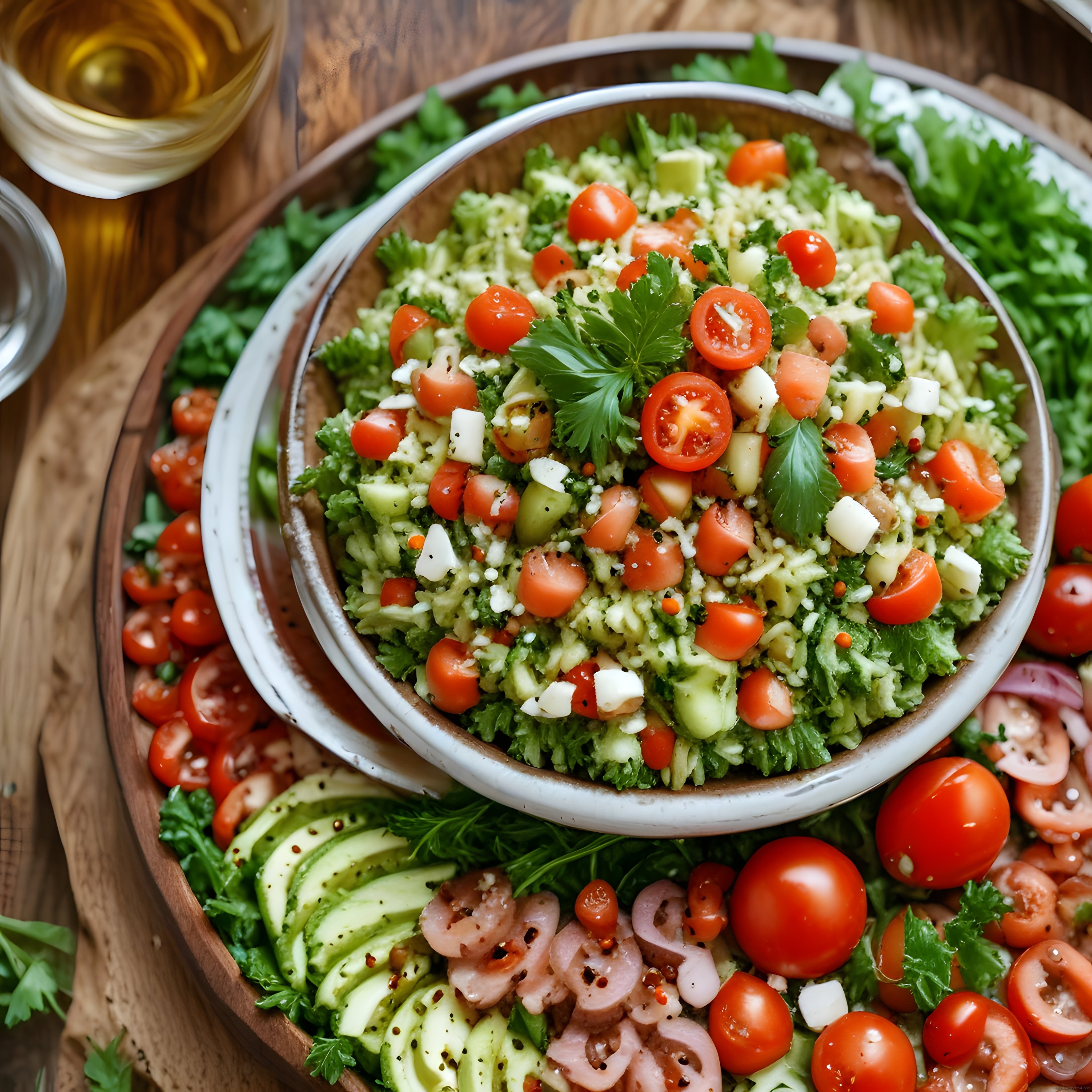 Ahşap tepside renkli sebzeler ve peynirle hazırlanmış taze salata kasesi