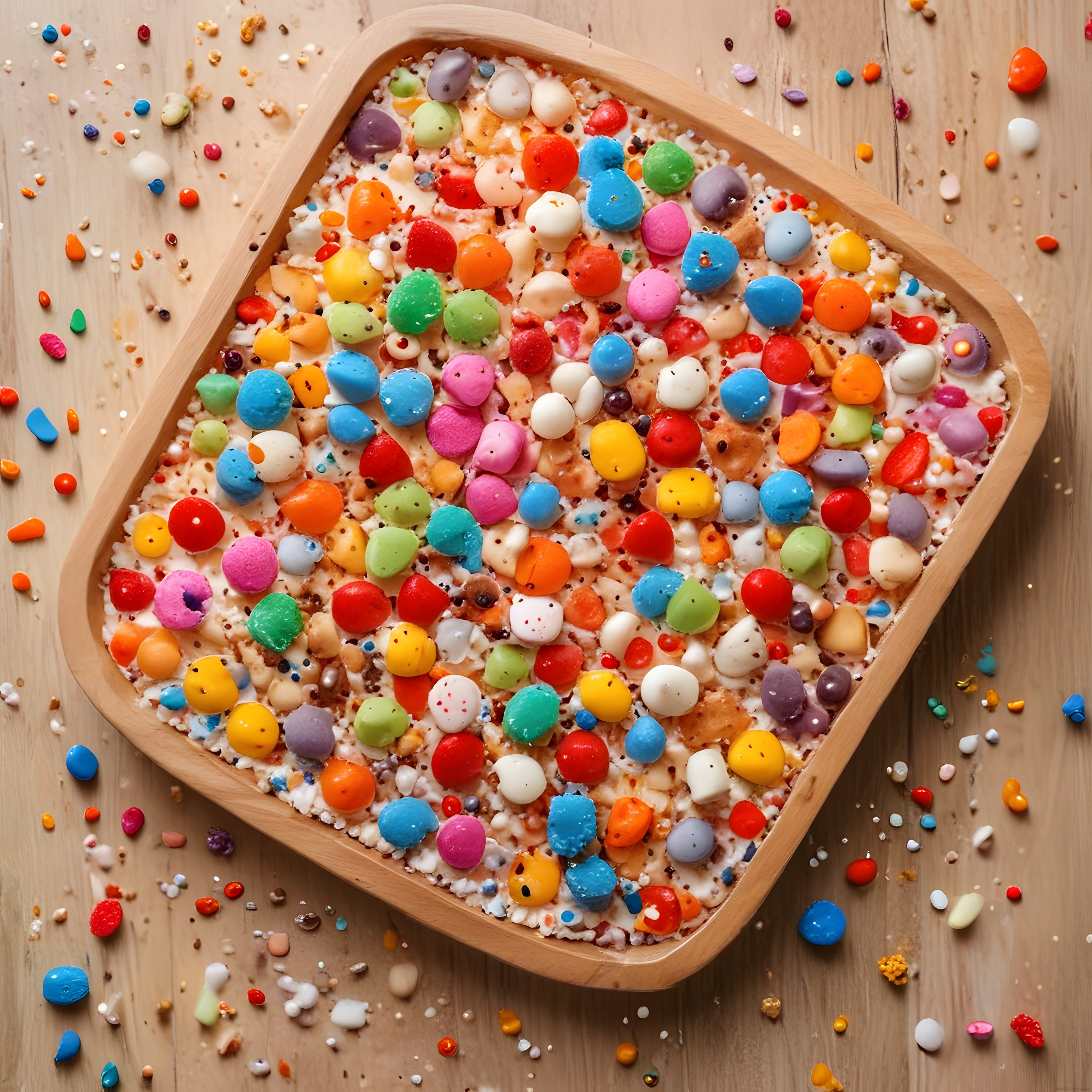 Ahşap Tepside Renkli Şekerlemeli Eğlenceli Tatlı Pizza ve Bonbonlarla Süslenmiş Dessert