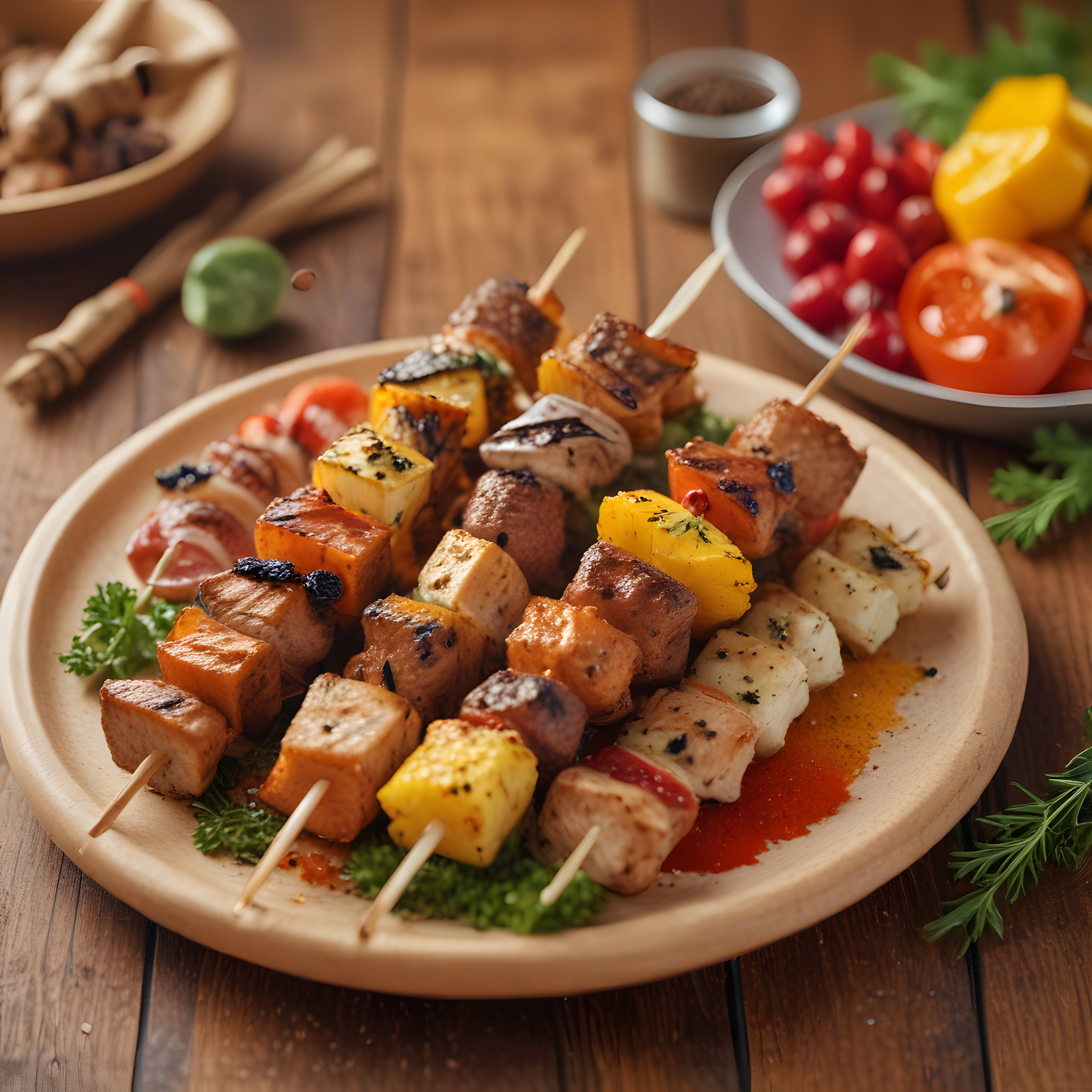 Ahşap Tepside Renkli Şiş Kebap, Ananaslı ve Sebzeli Karışık Izgara Sunumu