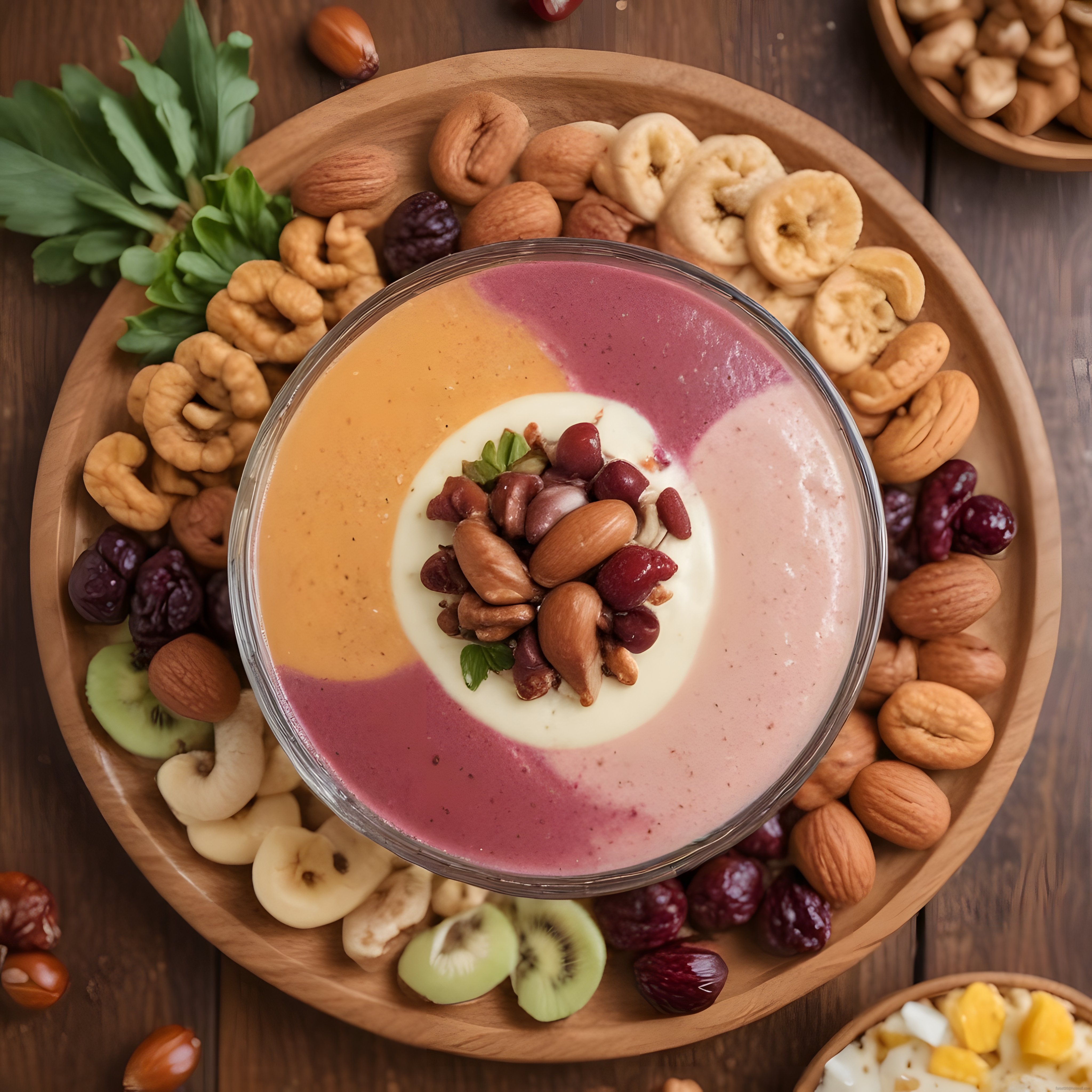 Ahşap tepside renkli smoothie bowl ve doğal kuruyemişli sağlıklı kahvaltı