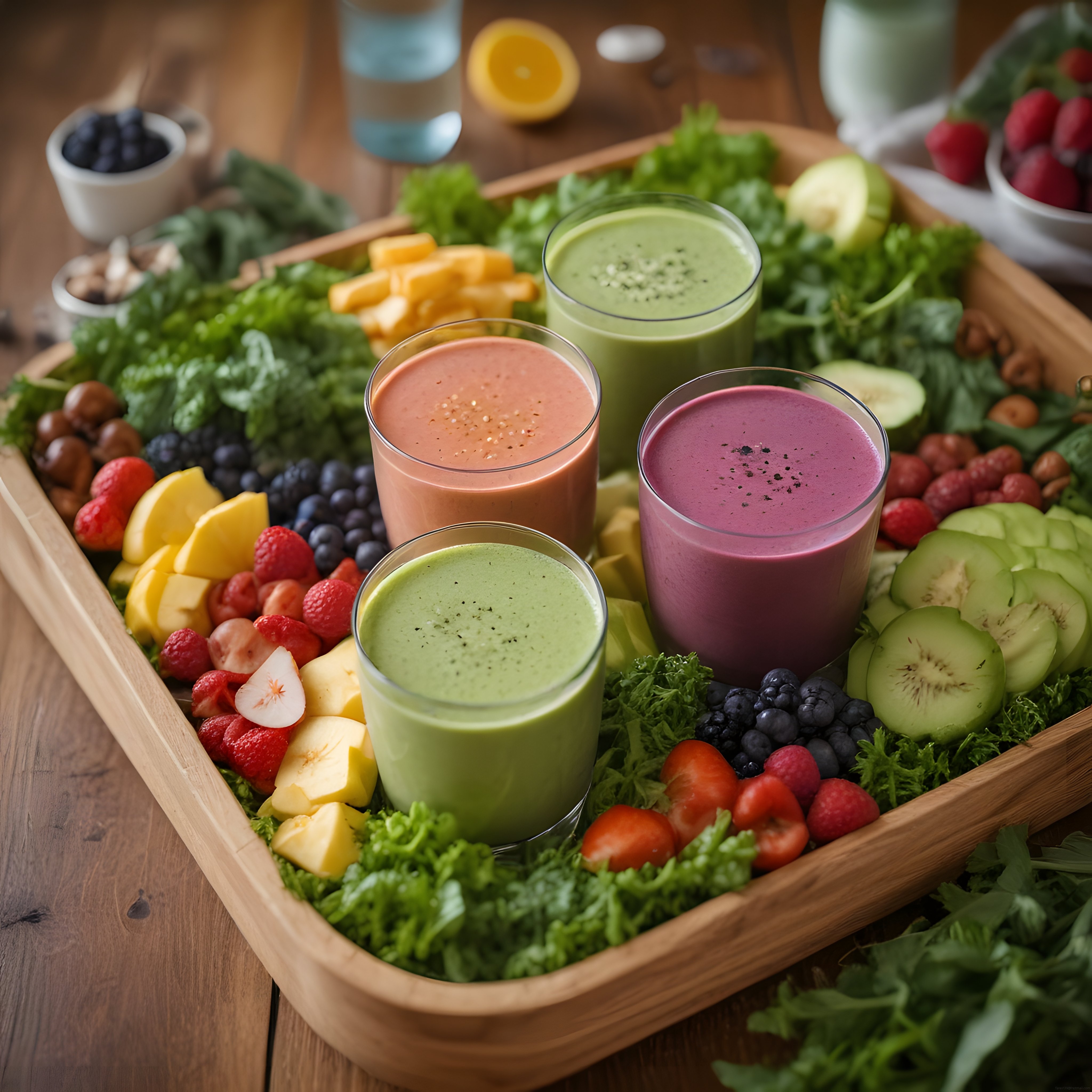Ahşap Tepside Renkli Smoothie Kasesi: Taze Meyveli Detoks İçecek Sunumu