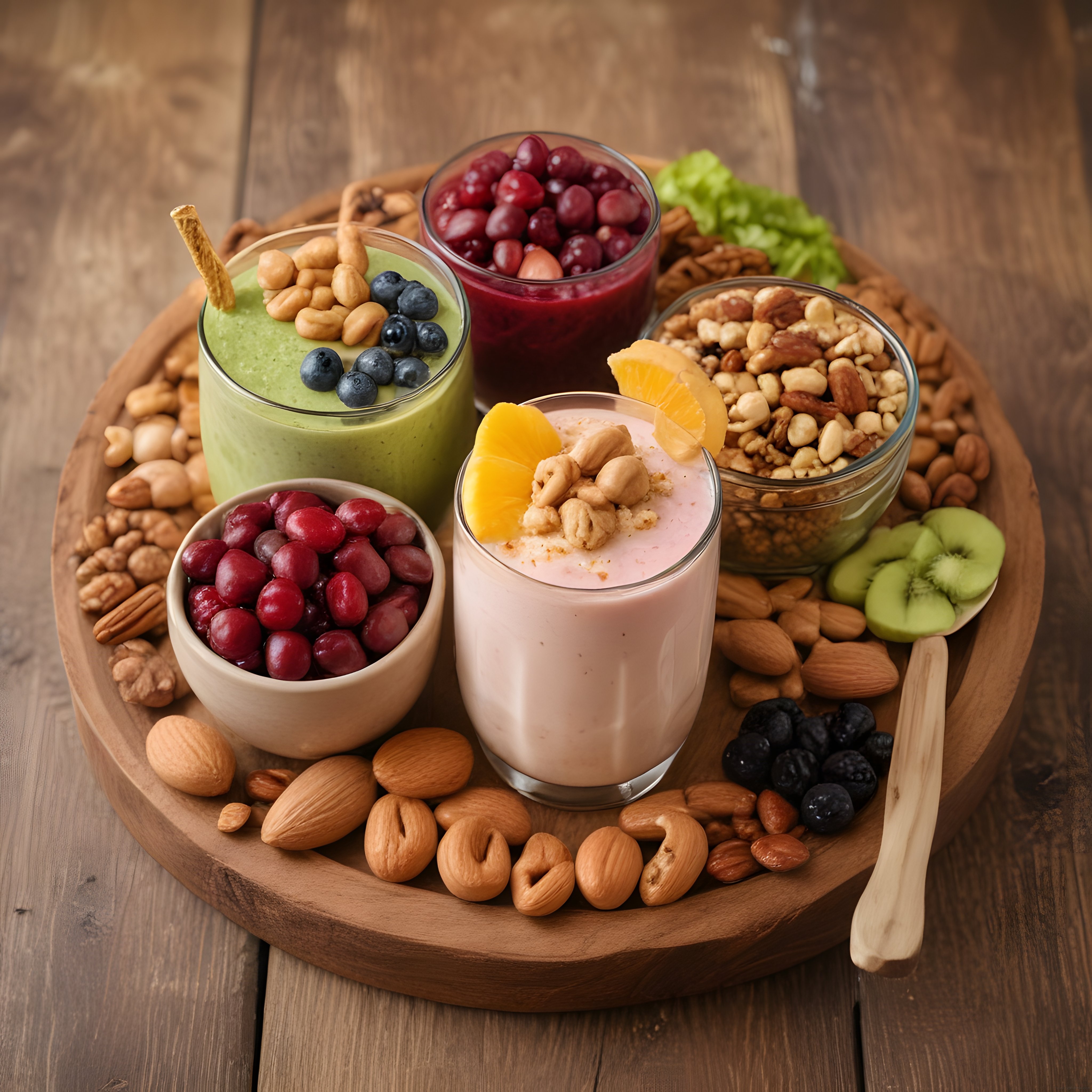 Ahşap Tepside Renkli Smoothie ve Kuruyemişlerle Sağlıklı Kahvaltı