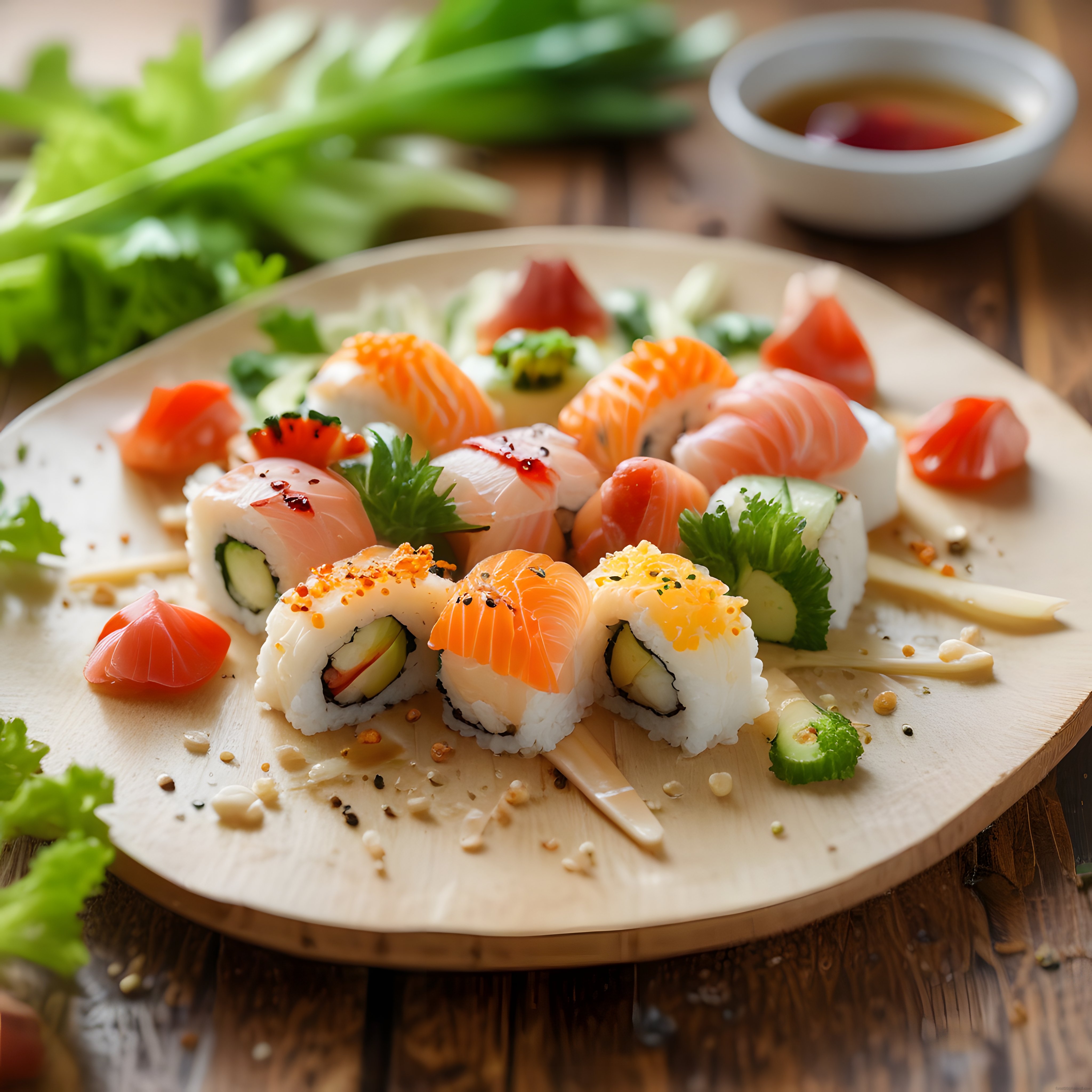 Ahşap Tepside Renkli Sushi Çeşitleri: Somonlu ve Ton Balıklı Makiler
