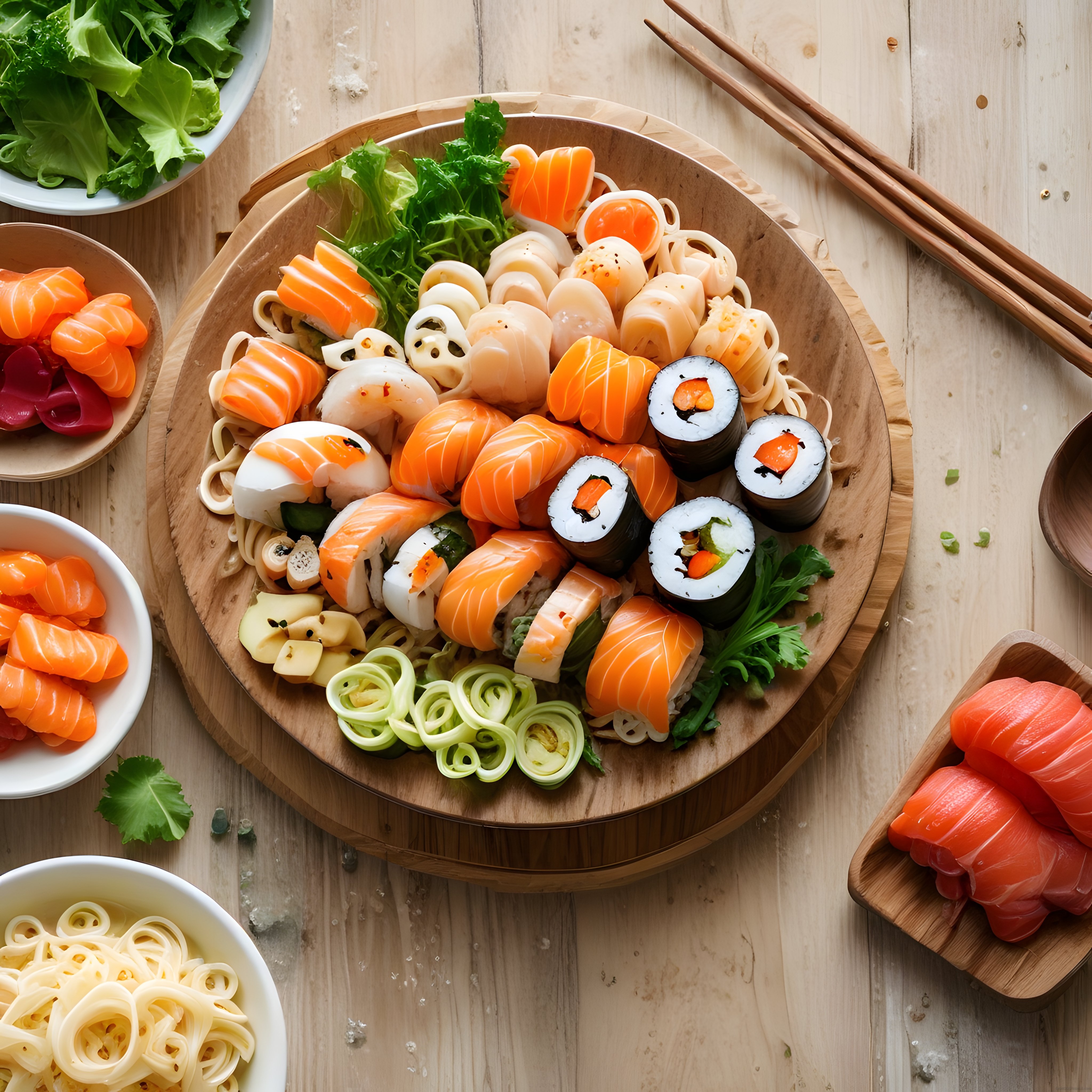Ahşap Tepside Renkli Sushi ve Sashimi Çeşitleriyle Japon Mutfağı Sunumu