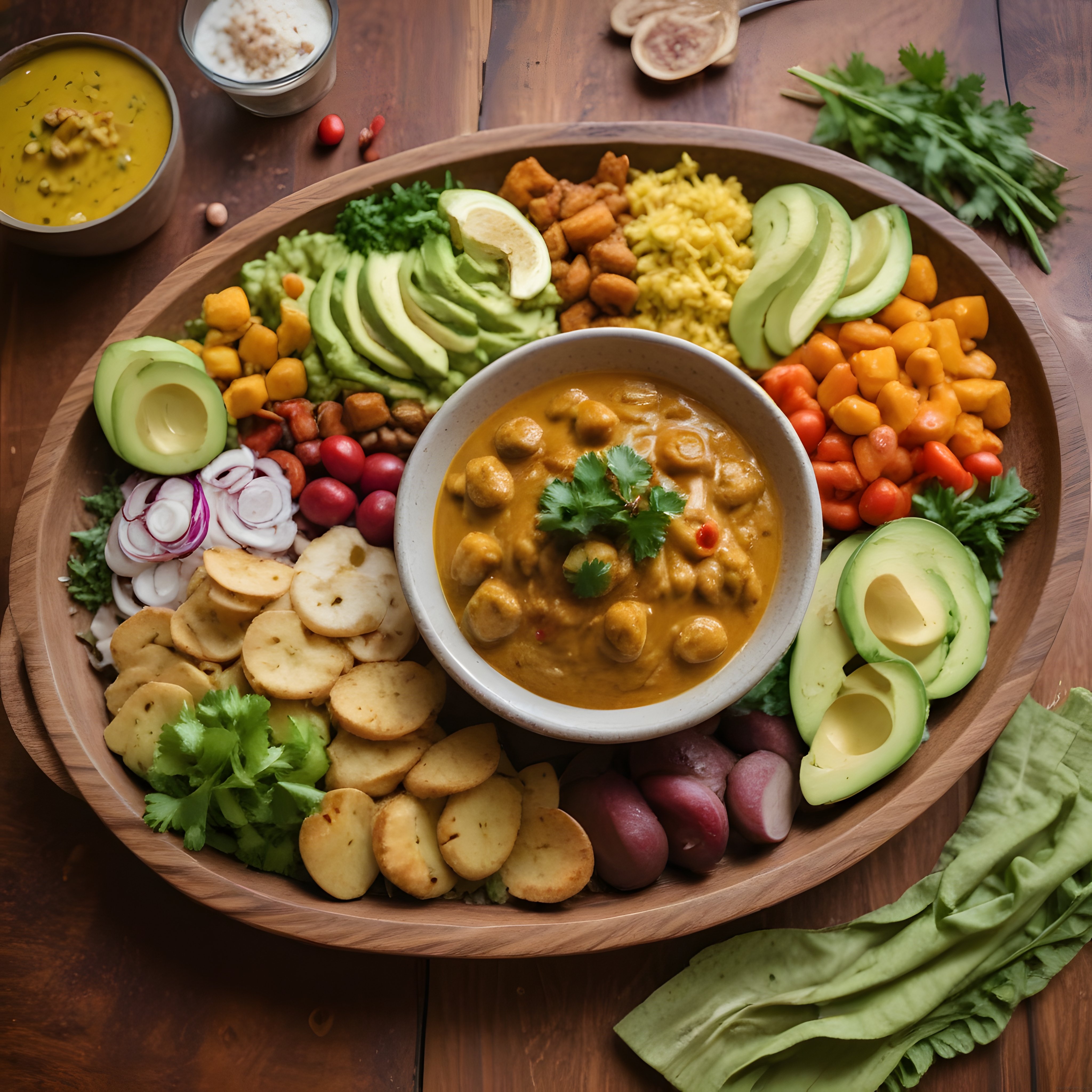 Ahşap tepside renkli vegan buda kasesi: avokado, nohut curry ve taze sebzeler