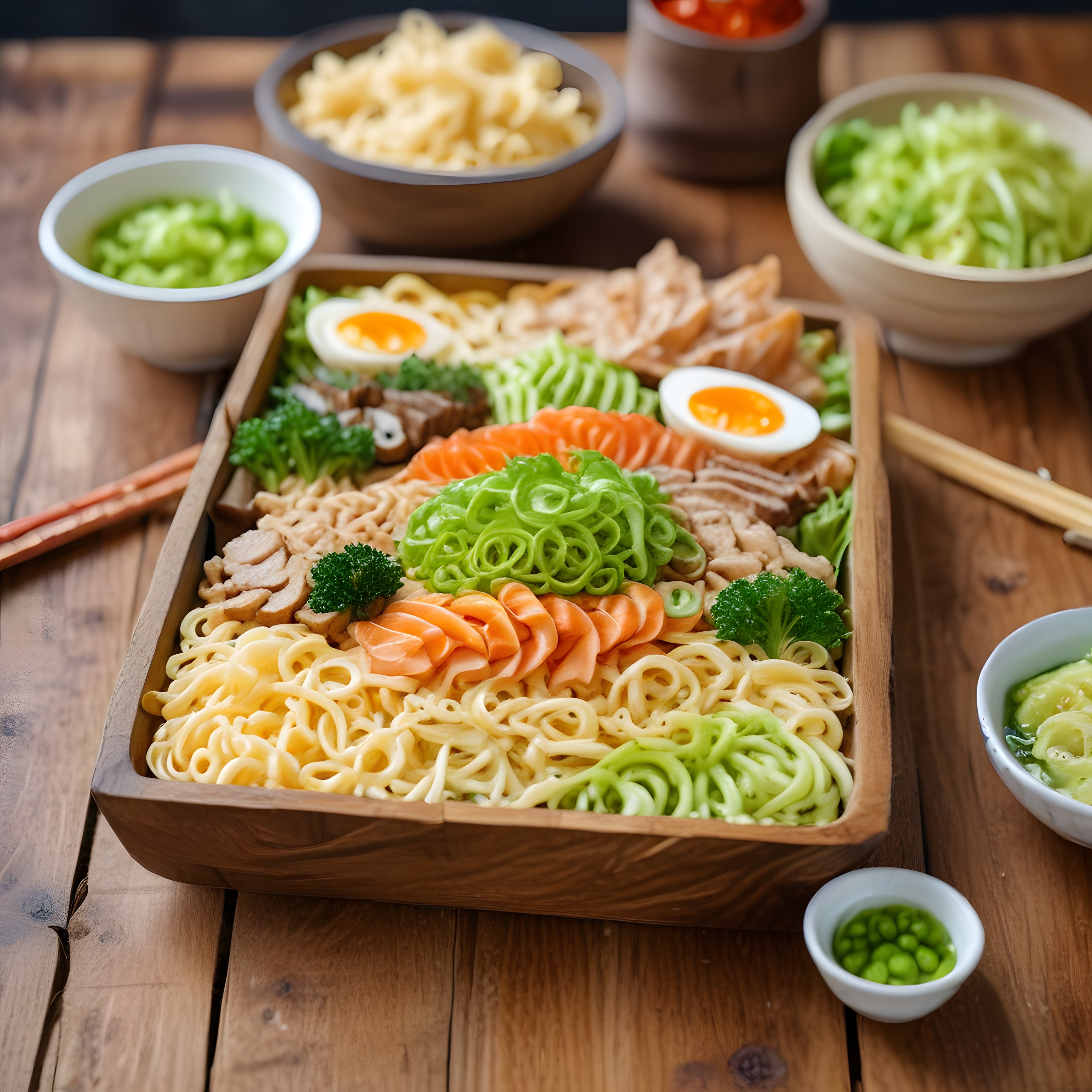 Ahşap Tepside Sebzeli Yumurtalı ve Tavuklu Asya Noodle Kasesi Sunumu