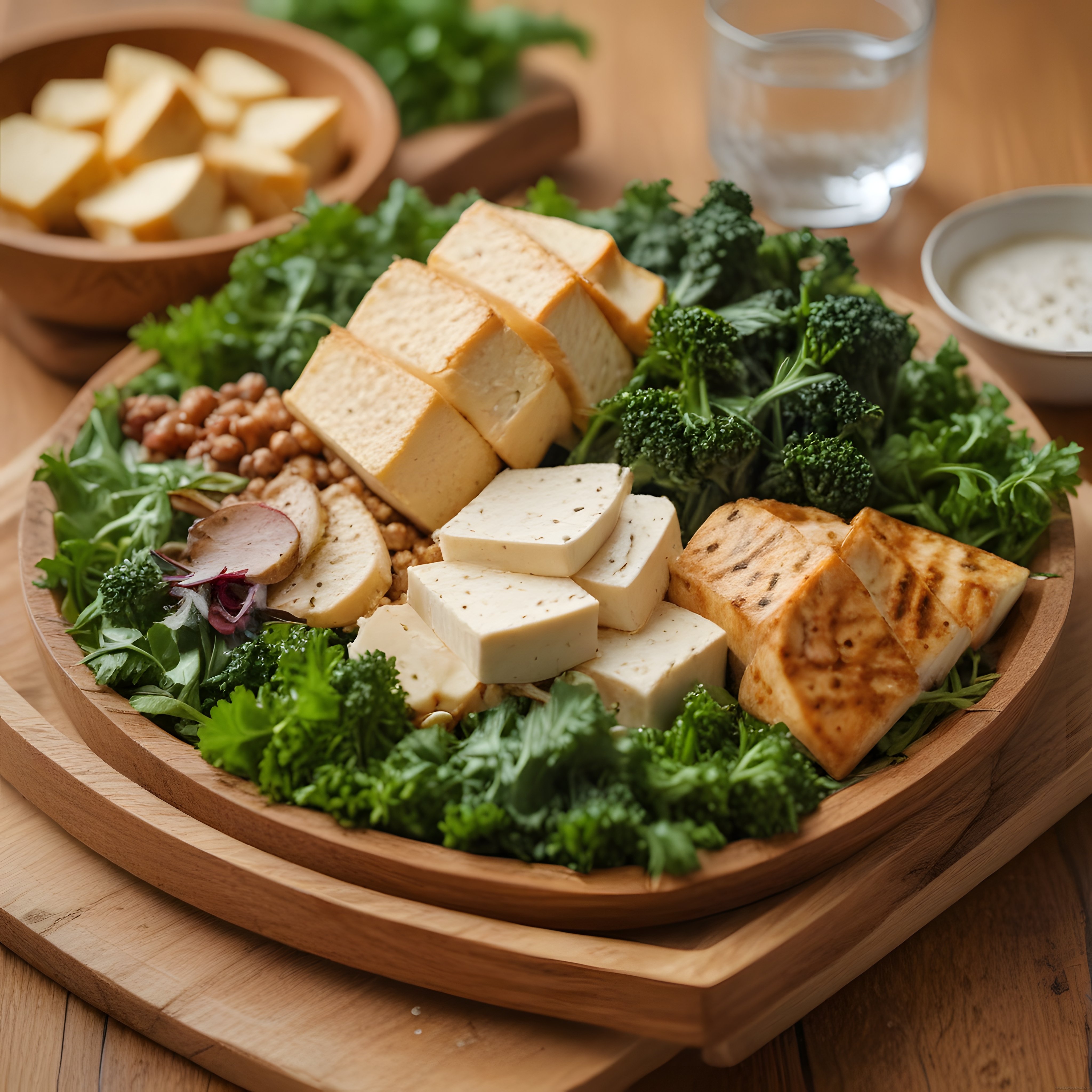 Ahşap Tepside Servis Edilen Sağlıklı Vegan Peynir ve Yeşillik Kasesi