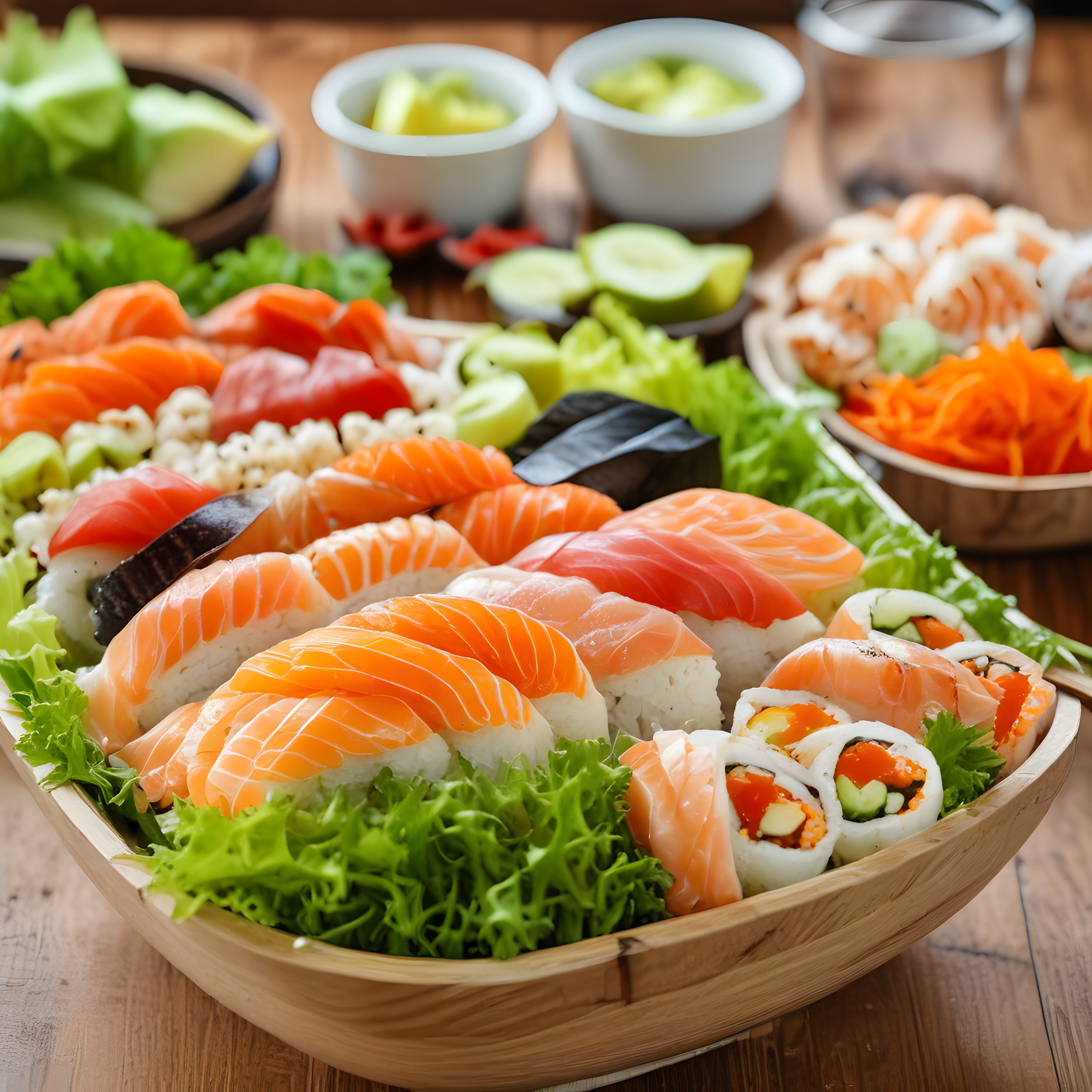 Ahşap tepside servis edilmiş taze somonlu sushi, sashimi ve maki çeşitleri