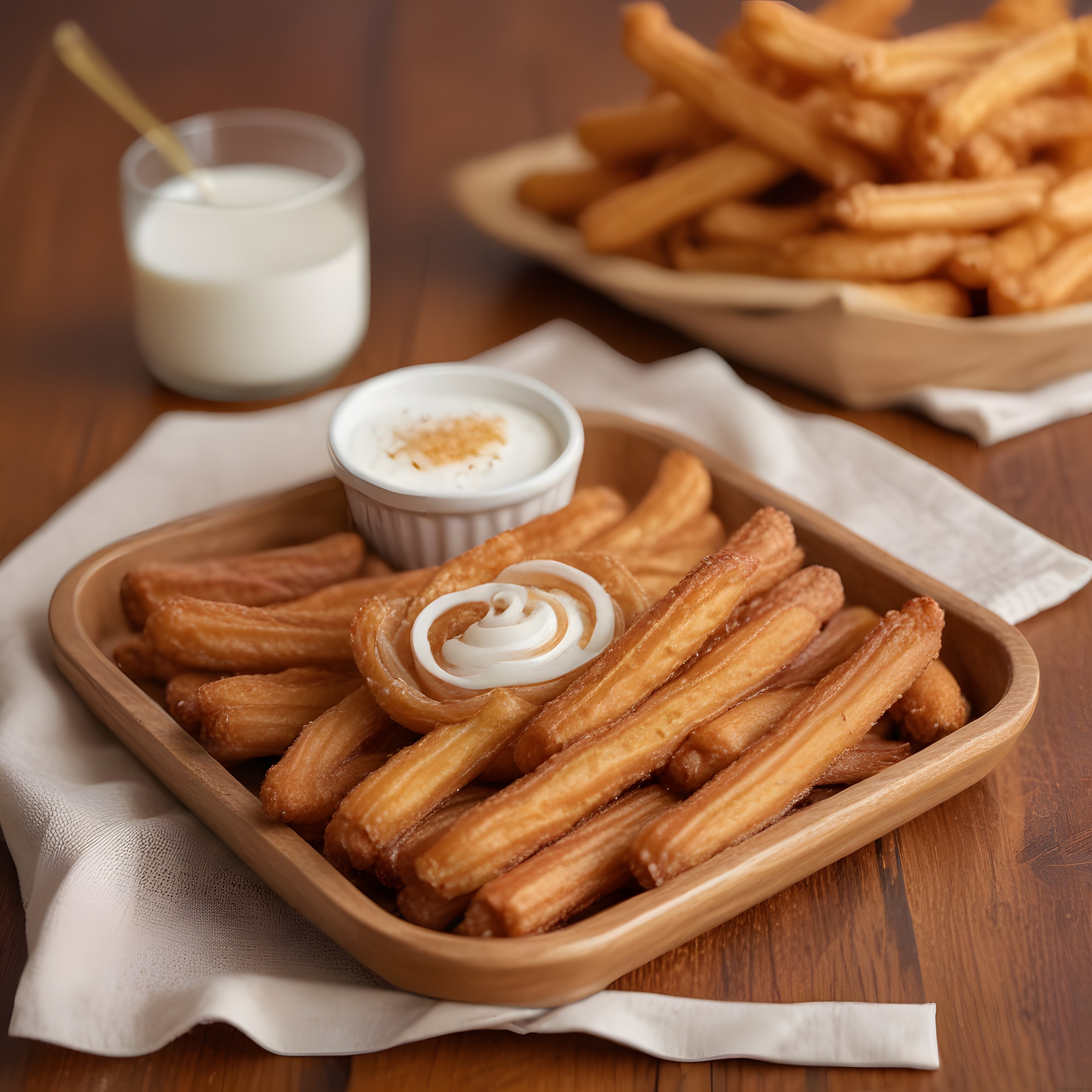 Ahşap Tepside Sıcak Churros, Krema Sosu ve Sütlü İçecek Keyfi