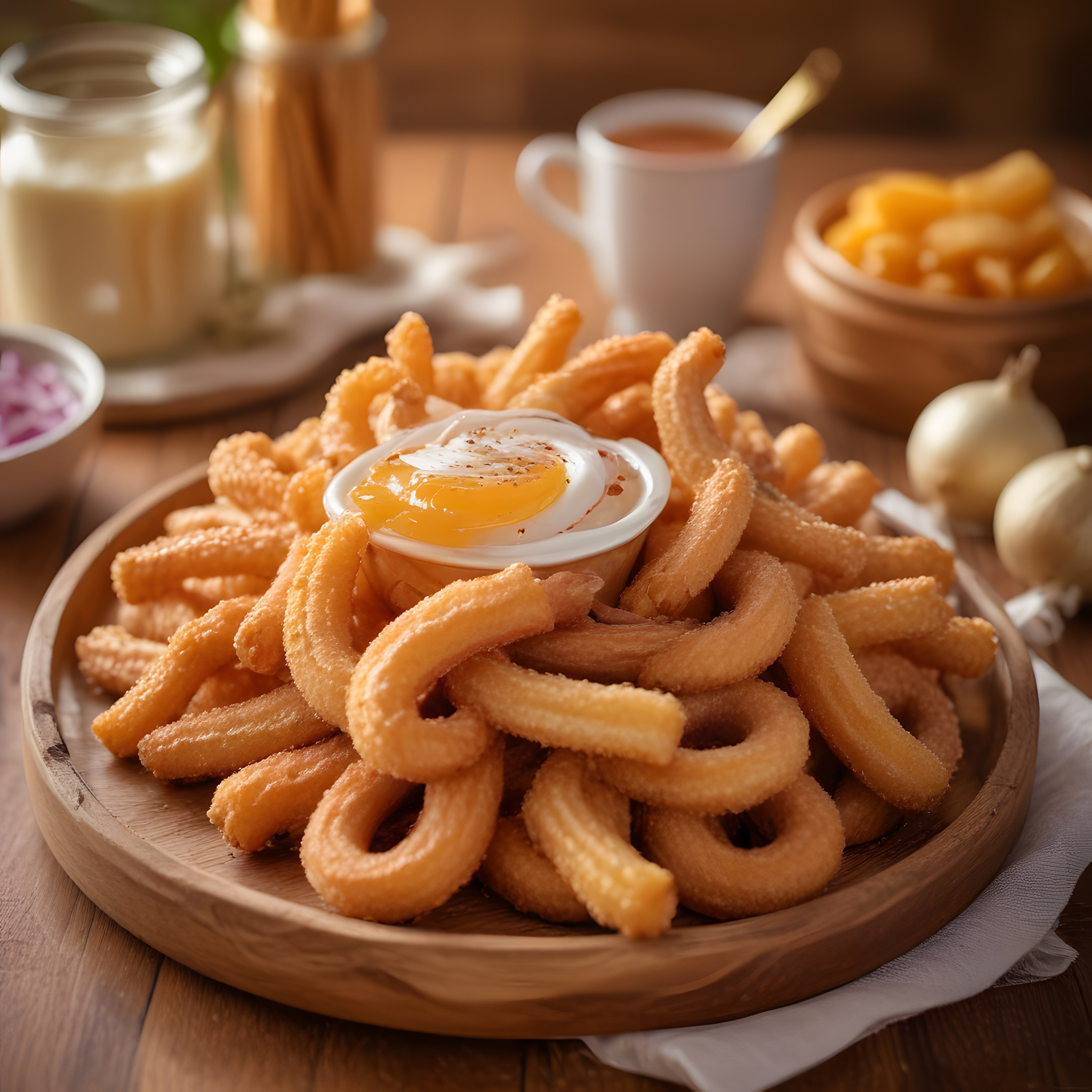Ahşap Tepside Sıcak Churros ve Ballı Krema Sosuyla Kahve Eşliğinde Tatlı Keyfi